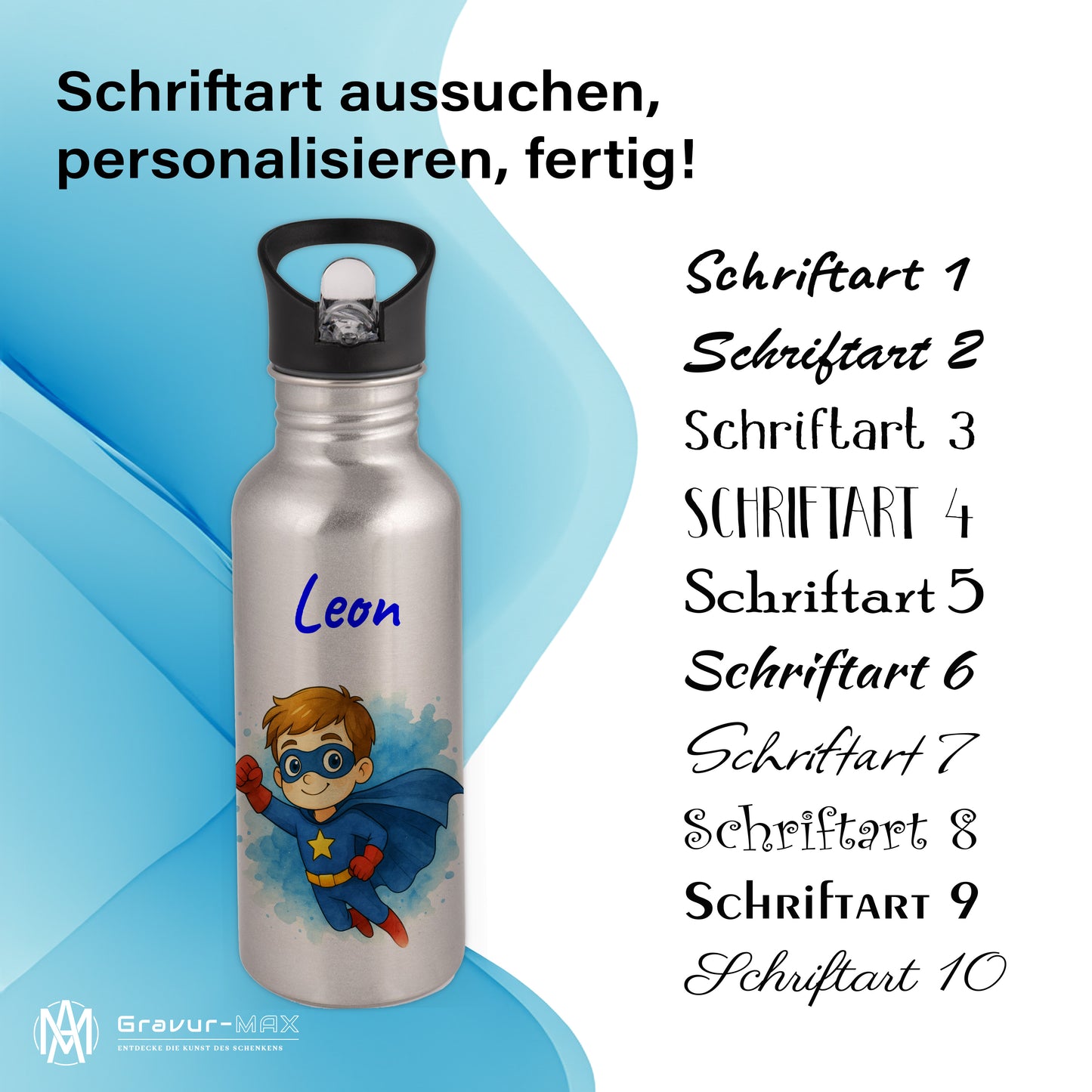 Trinkflasche mit Strohhalm in Silber 600ml bedruckt mit tollen Motiven für Kinder "Superheld" personalisierbar für Kinder mit Wunschname aus Edelstahl