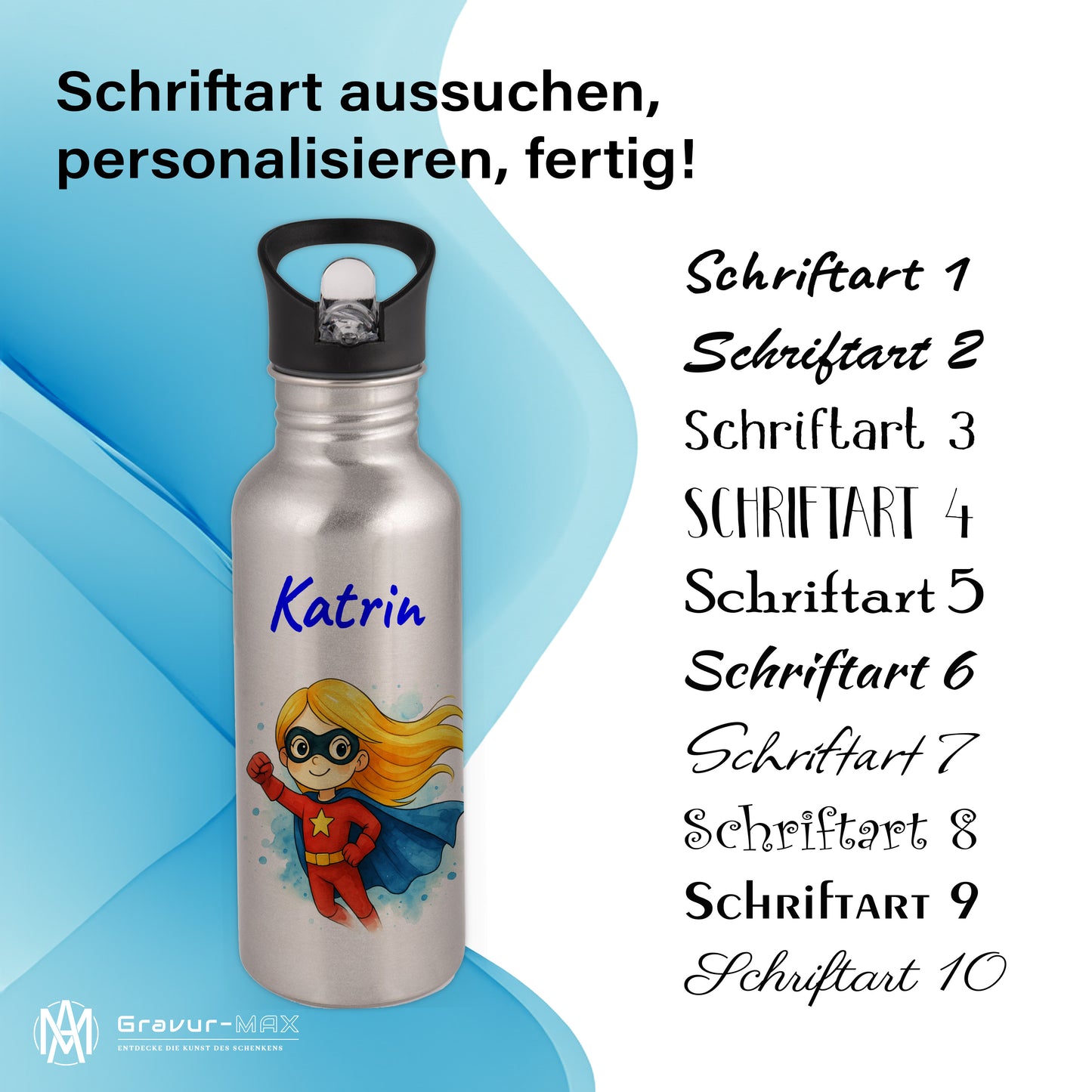Trinkflasche mit Strohhalm in Silber 600ml bedruckt mit tollen Motiven für Kinder "Superheldin" personalisierbar für Kinder mit Wunschname aus Edelstahl