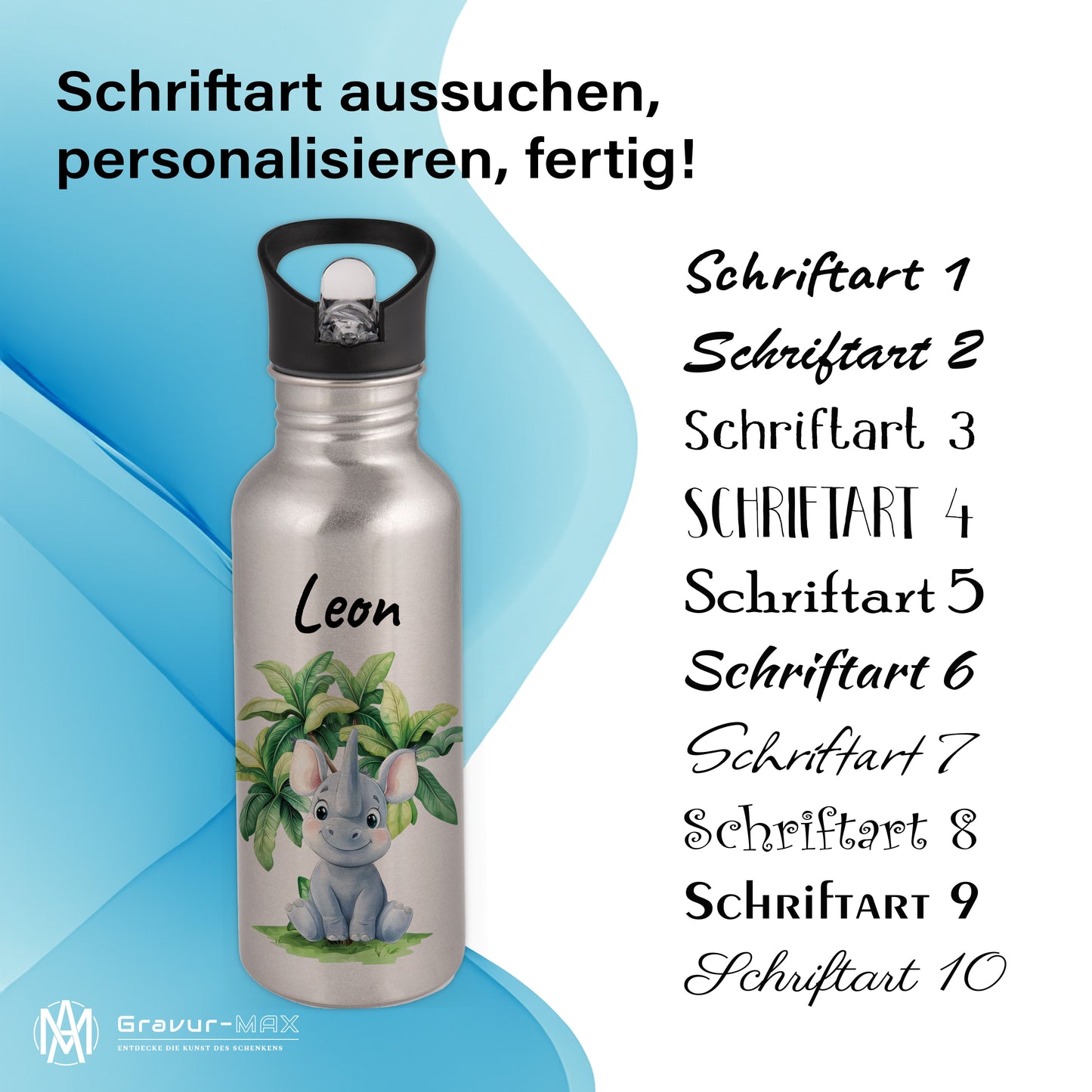 Trinkflasche mit Strohhalm in Silber 600ml bedruckt mit Dschungel Tieren"Nashorn" personalisierbar für Kinder mit Wunschname aus Edelstahl