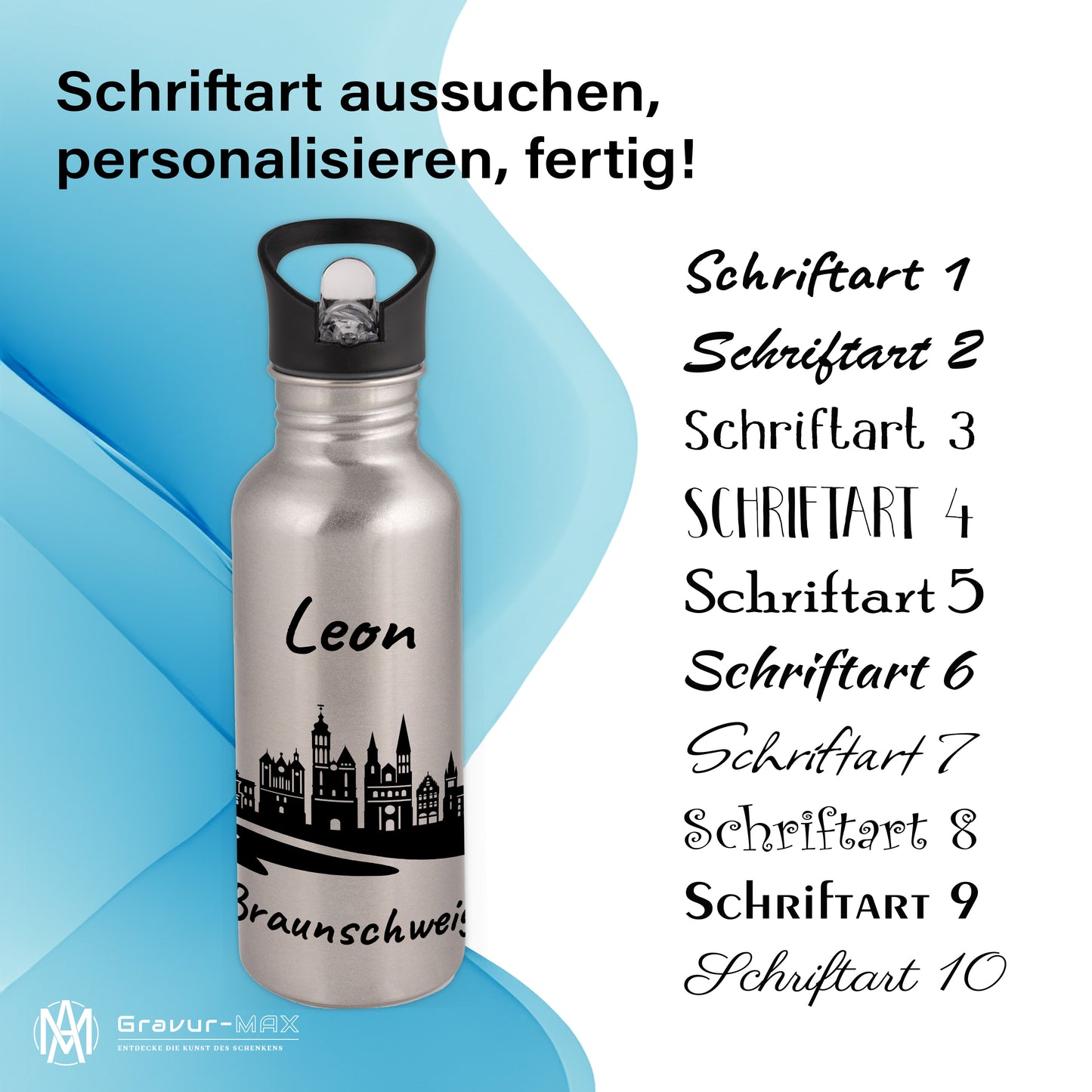 Trinkflasche in Silber 600ml aus Edelstahl bedruckt mit der Skyline von Braunschweig personalisierbar mit Wunschname