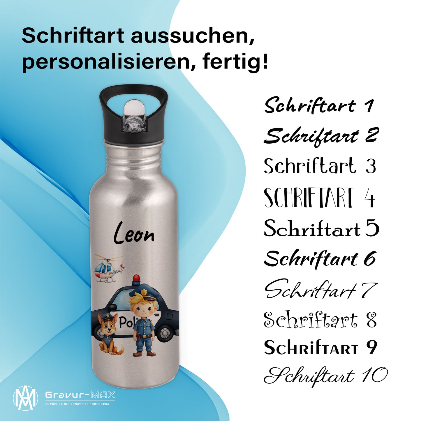Trinkflasche mit Strohhalm in Silber 600ml bedruckt mit tollen Motiven für Kinder "Polizei" personalisierbar für Kinder mit Wunschname aus Edelstahl