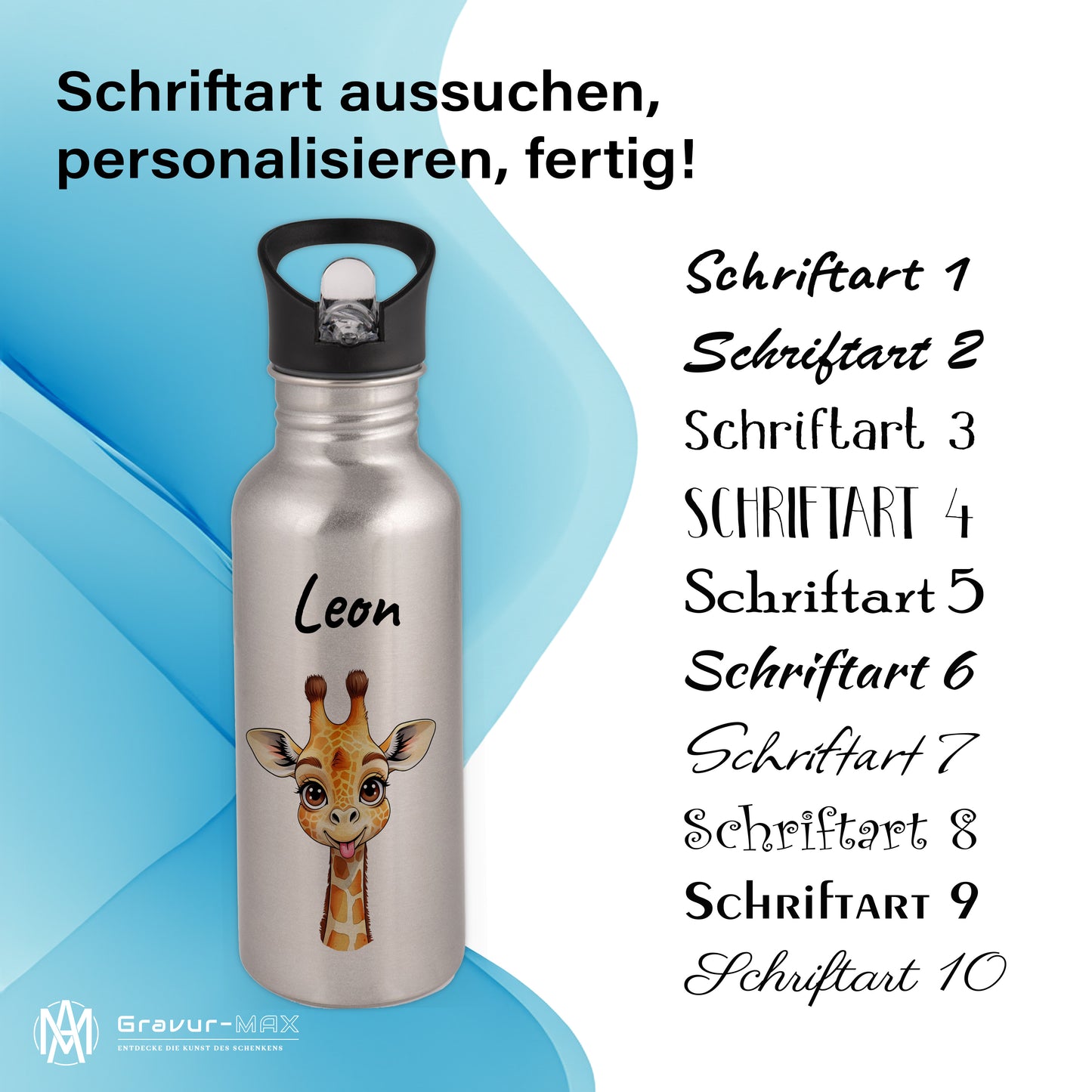 Trinkflasche mit Strohhalm in Silber 600ml bedruckt mit niedlichen Tieren"Giraffe" personalisierbar für Kinder mit Wunschname aus Edelstahl
