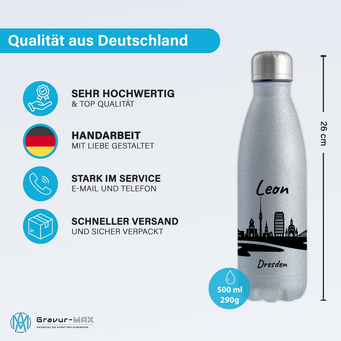 Glitzer Trinkflasche in Silber 500ml aus Edelstahl bedruckt mit der Skyline von Dresden personalisierbar mit Wunschname