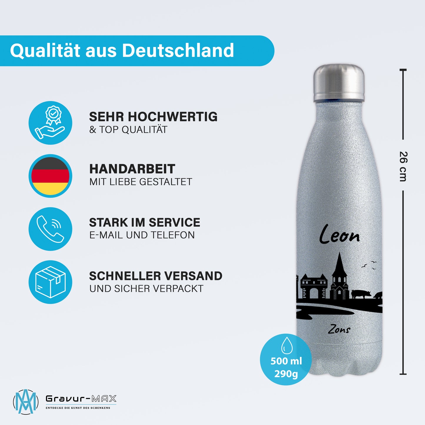 Glitzer Trinkflasche in Silber 500ml aus Edelstahl bedruckt mit der Skyline von Zons (Dormagen) personalisierbar mit Wunschname