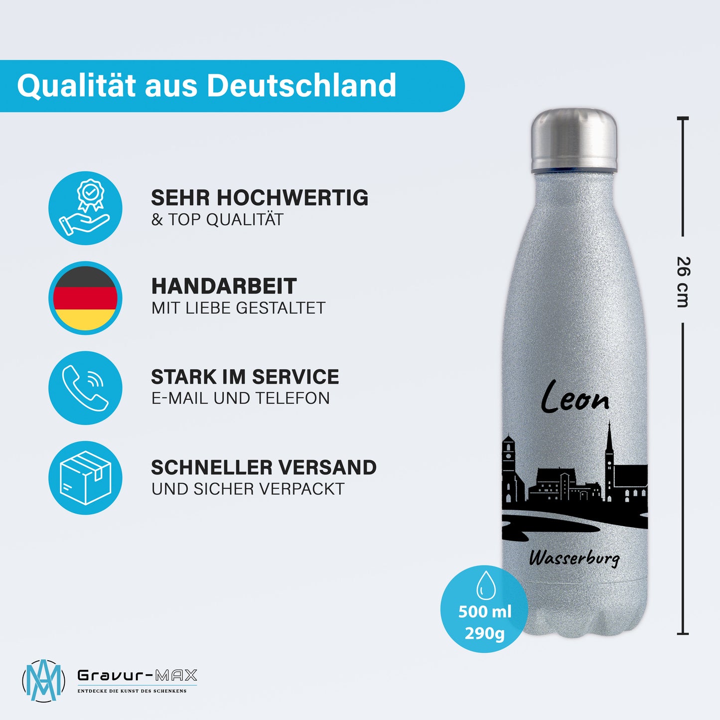 Glitzer Trinkflasche in Silber 500ml aus Edelstahl bedruckt mit der Skyline von Wasserburg personalisierbar mit Wunschname