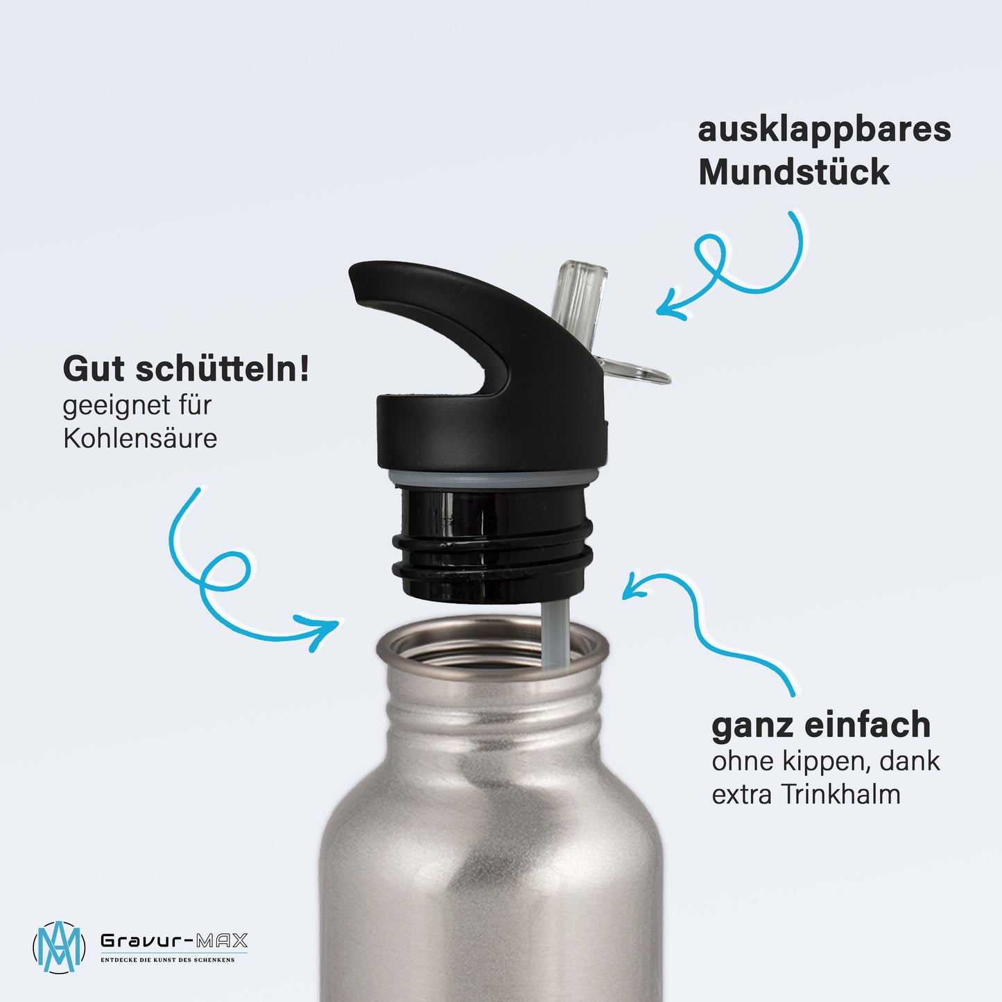 Trinkflasche mit Strohhalm in Silber 600ml bedruckt mit Fußball Motiven"Motiv3" personalisierbar für Kinder mit Wunschname aus Edelstahl
