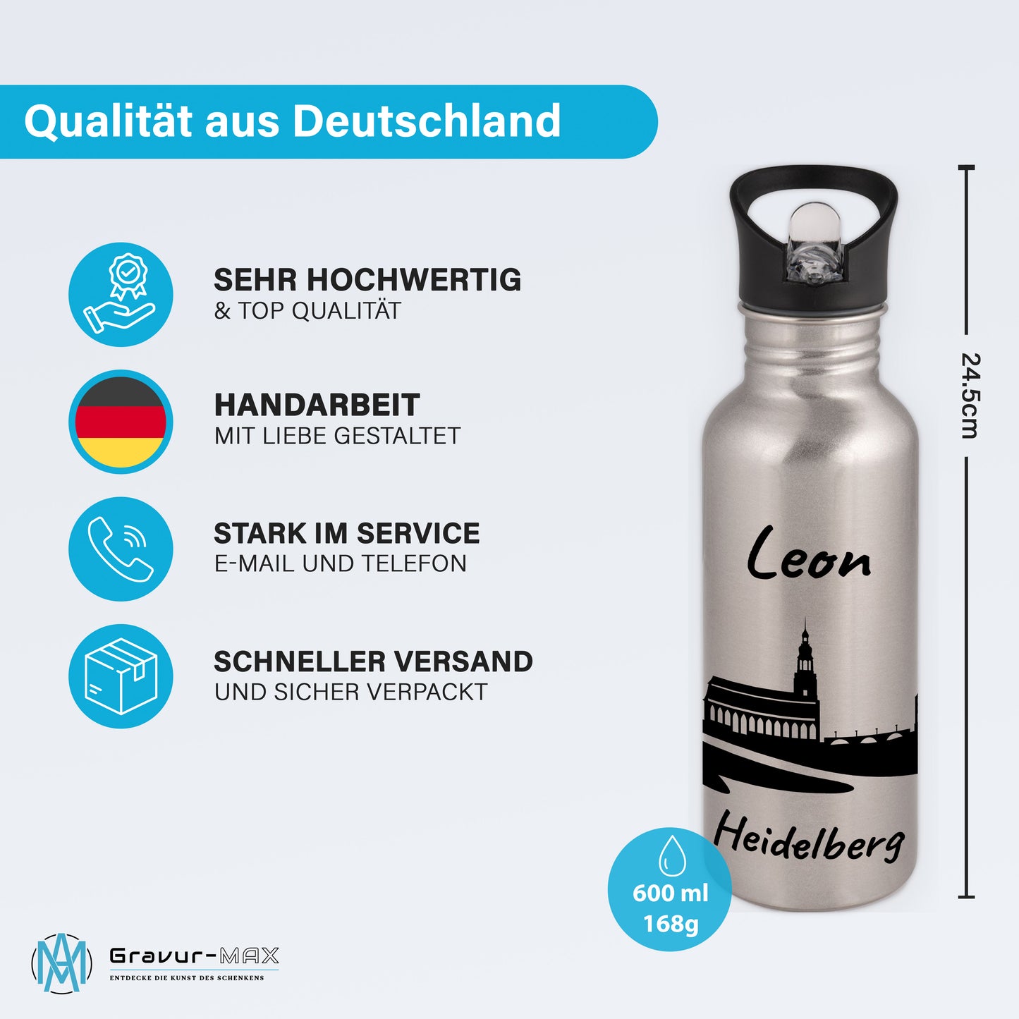 Trinkflasche in Silber 600ml aus Edelstahl bedruckt mit der Skyline von Heidelberg personalisierbar mit Wunschname