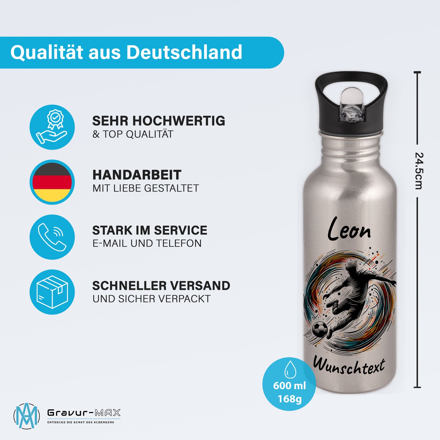 Trinkflasche mit Strohhalm in Silber 600ml bedruckt mit Fußball Motiven"Motiv1" personalisierbar für Kinder mit Wunschname aus Edelstahl