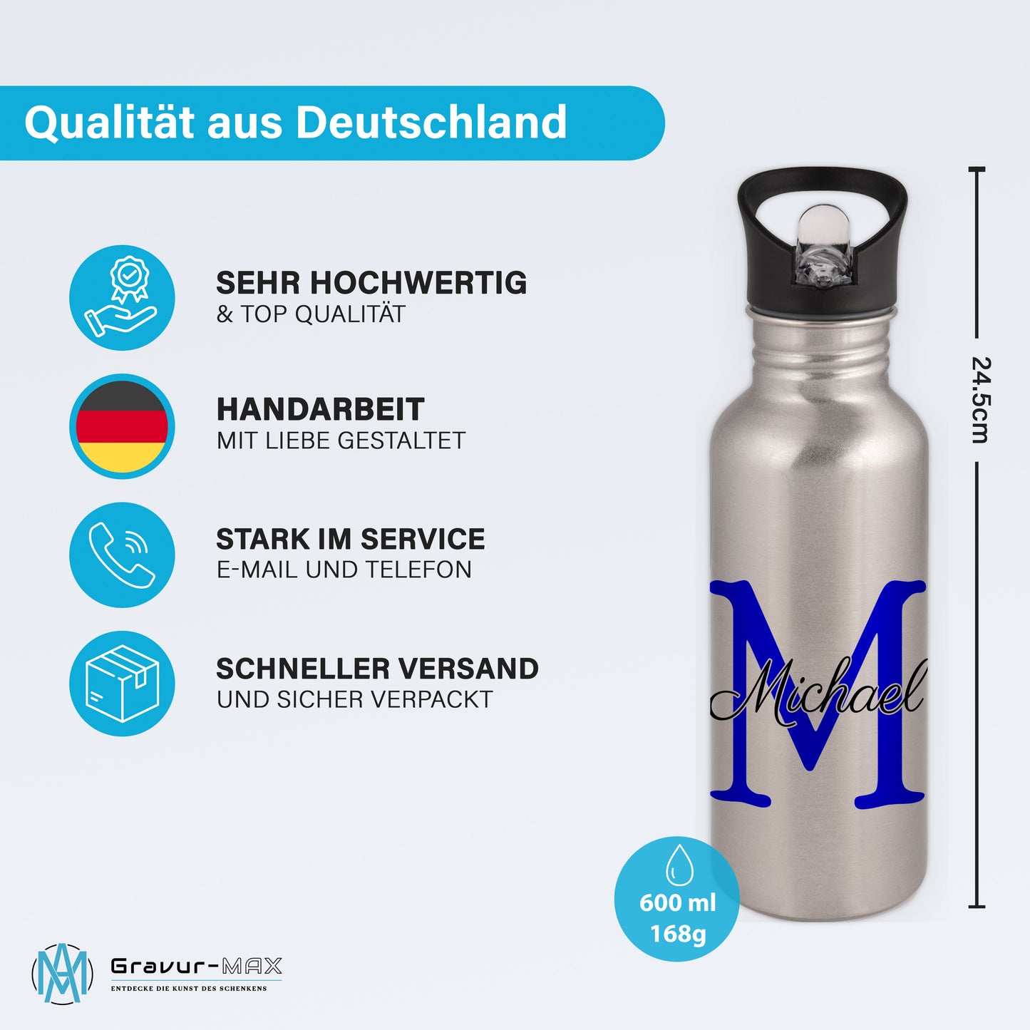 Trinkflasche in Silber 600ml aus Edelstahl bedruckt als "Namensflasche" personalisierbar für Kinder und Erwachsene mit Wunschname