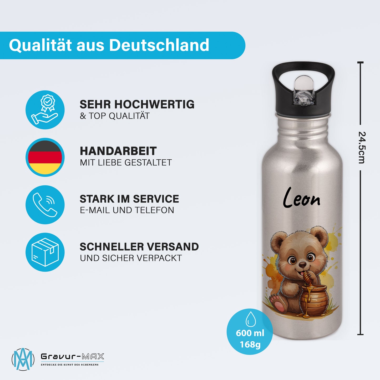 Trinkflasche mit Strohhalm in Silber 600ml bedruckt mit niedlichen Tieren"Bär" personalisierbar für Kinder mit Wunschname aus Edelstahl