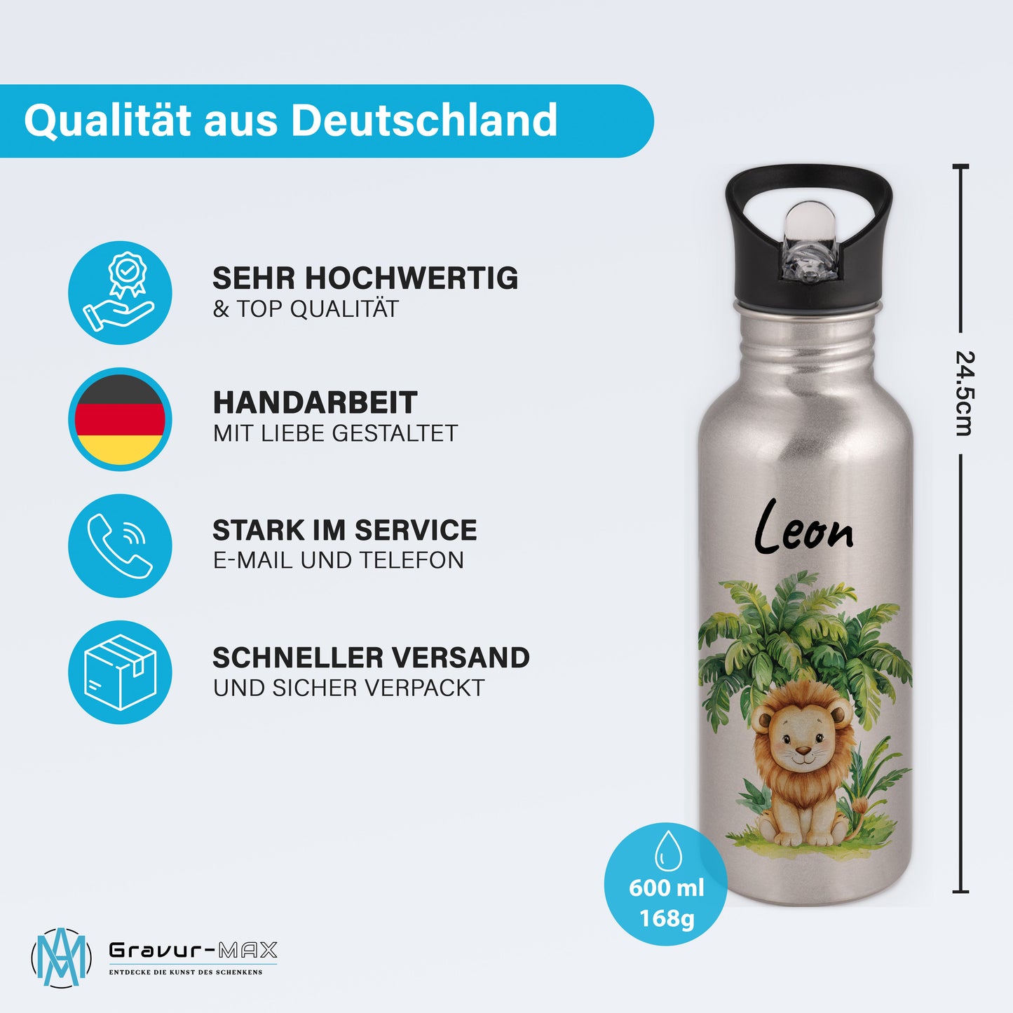 Trinkflasche mit Strohhalm in Silber 600ml bedruckt mit Dschungel Tieren"Löwe" personalisierbar für Kinder mit Wunschname aus Edelstahl