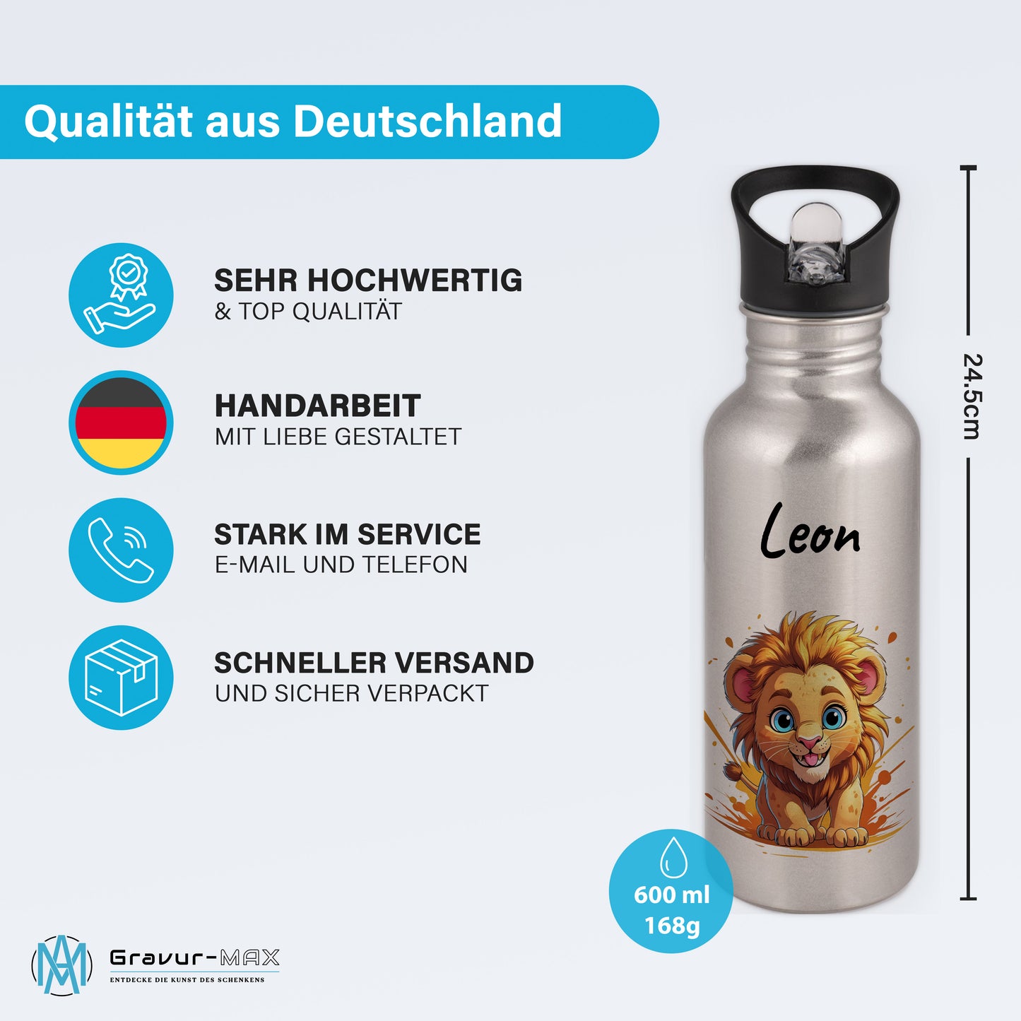 Trinkflasche mit Strohhalm in Silber 600ml bedruckt mit niedlichen Tieren"Löwe" personalisierbar für Kinder mit Wunschname aus Edelstahl