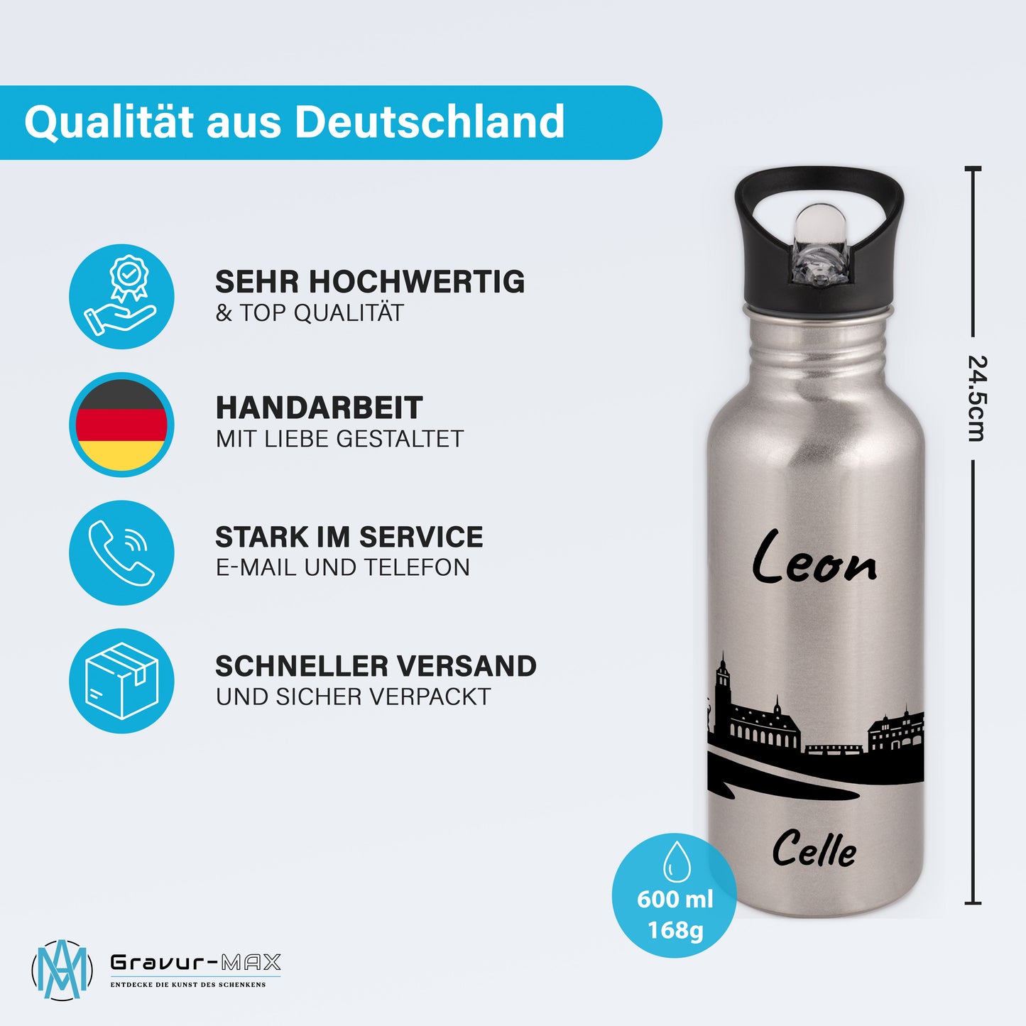 Trinkflasche in Silber 600ml aus Edelstahl bedruckt mit der Skyline von Celle personalisierbar mit Wunschname