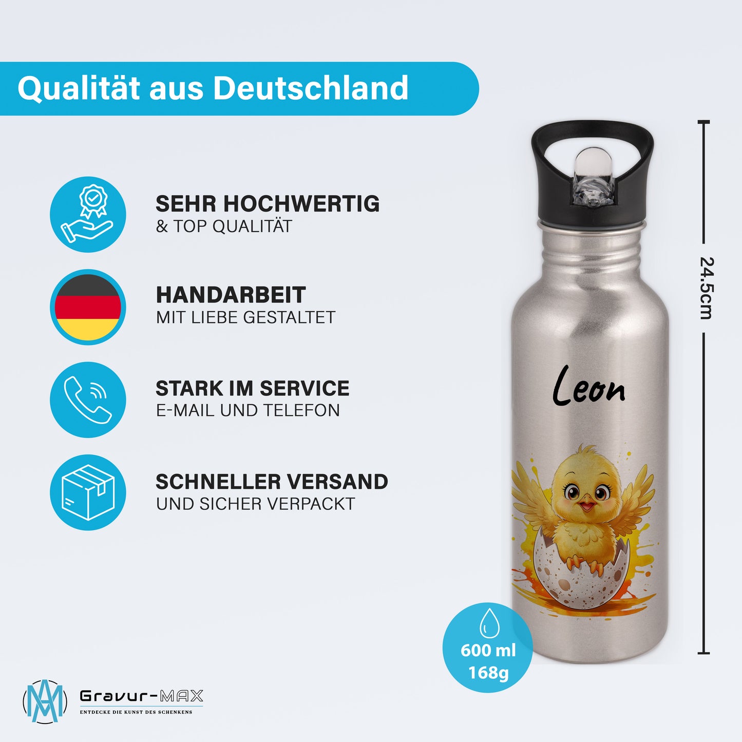 Trinkflasche mit Strohhalm in Silber 600ml bedruckt mit niedlichen Tieren"Küken" personalisierbar für Kinder mit Wunschname aus Edelstahl