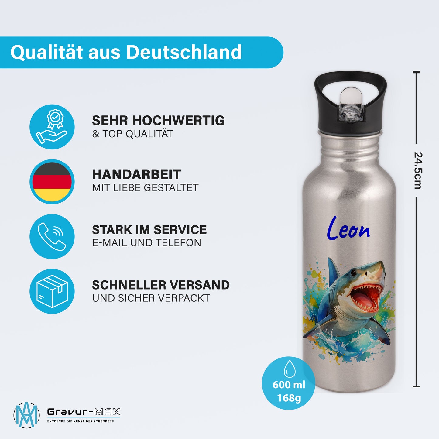 Trinkflasche mit Strohhalm in Silber 600ml bedruckt mit tollen Motiven für Kinder "Hai" personalisierbar für Kinder mit Wunschname aus Edelstahl