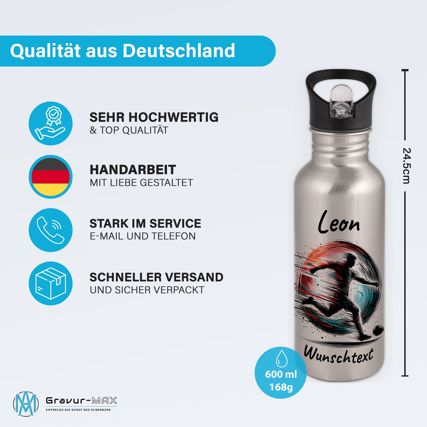 Trinkflasche mit Strohhalm in Silber 600ml bedruckt mit Fußball Motiven"Motiv3" personalisierbar für Kinder mit Wunschname aus Edelstahl