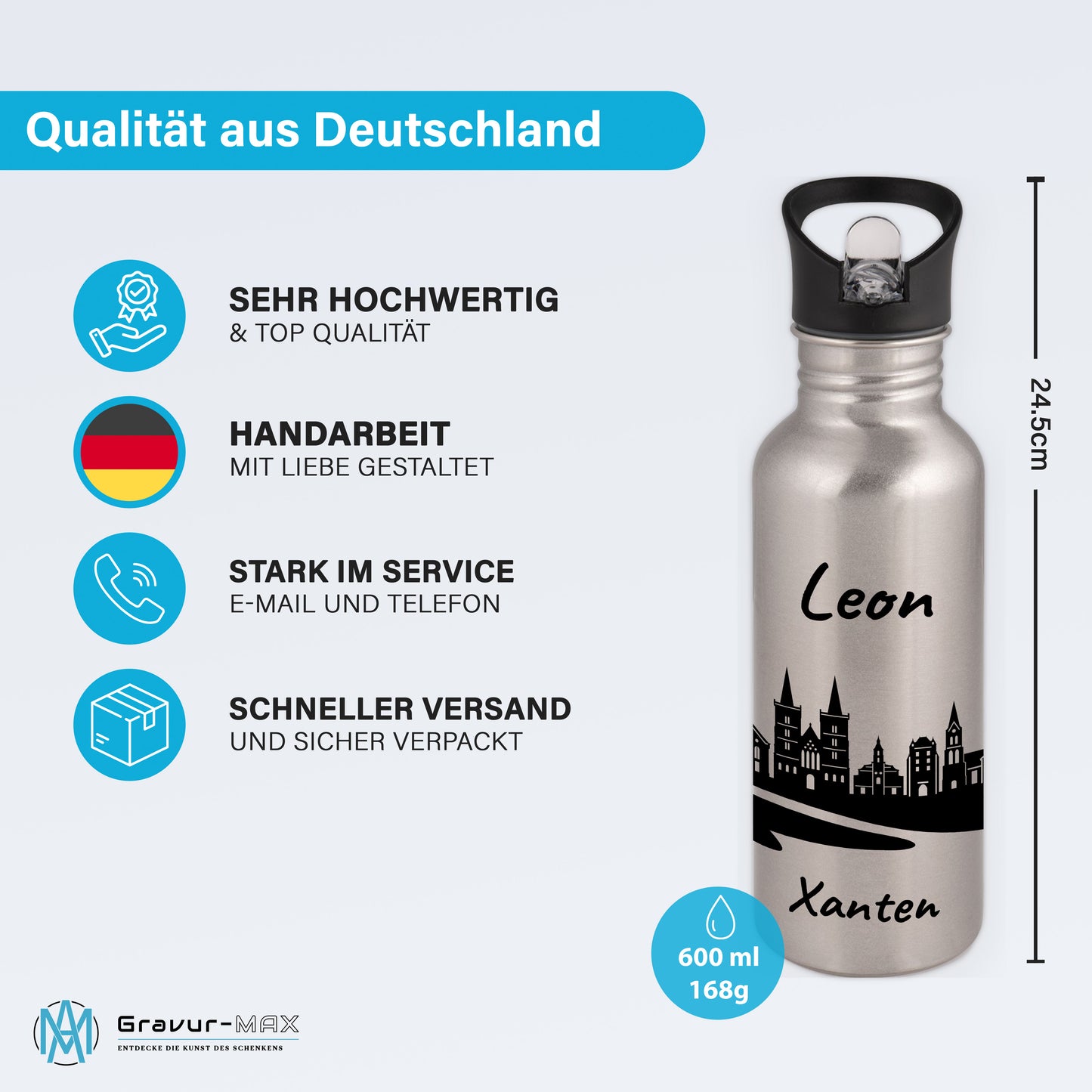 Trinkflasche in Silber 600ml aus Edelstahl bedruckt mit der Skyline von Xanten personalisierbar mit Wunschname