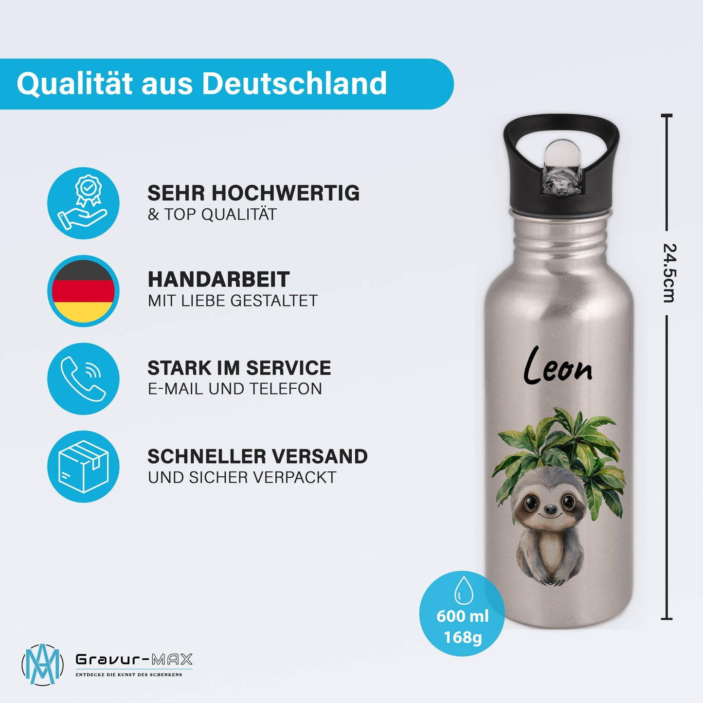 Trinkflasche mit Strohhalm in Silber 600ml bedruckt mit Dschungel Tieren"Faultier" personalisierbar für Kinder mit Wunschname aus Edelstahl