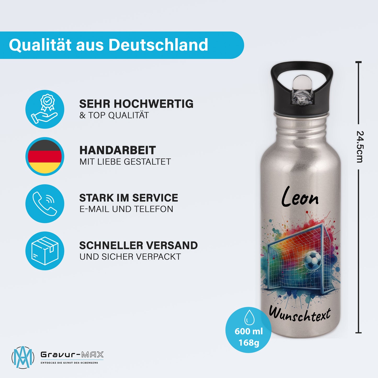 Trinkflasche mit Strohhalm in Silber 600ml bedruckt mit Fußball Motiven"Motiv5" personalisierbar für Kinder mit Wunschname aus Edelstahl