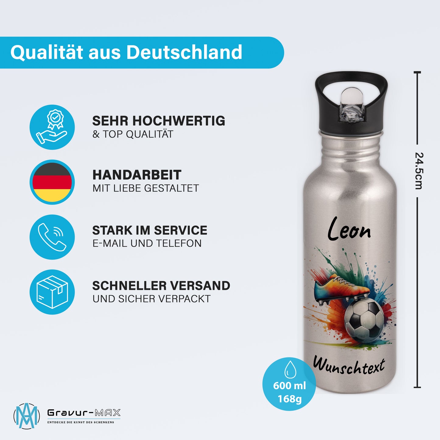 Trinkflasche mit Strohhalm in Silber 600ml bedruckt mit Fußball Motiven"Motiv6" personalisierbar für Kinder mit Wunschname aus Edelstahl