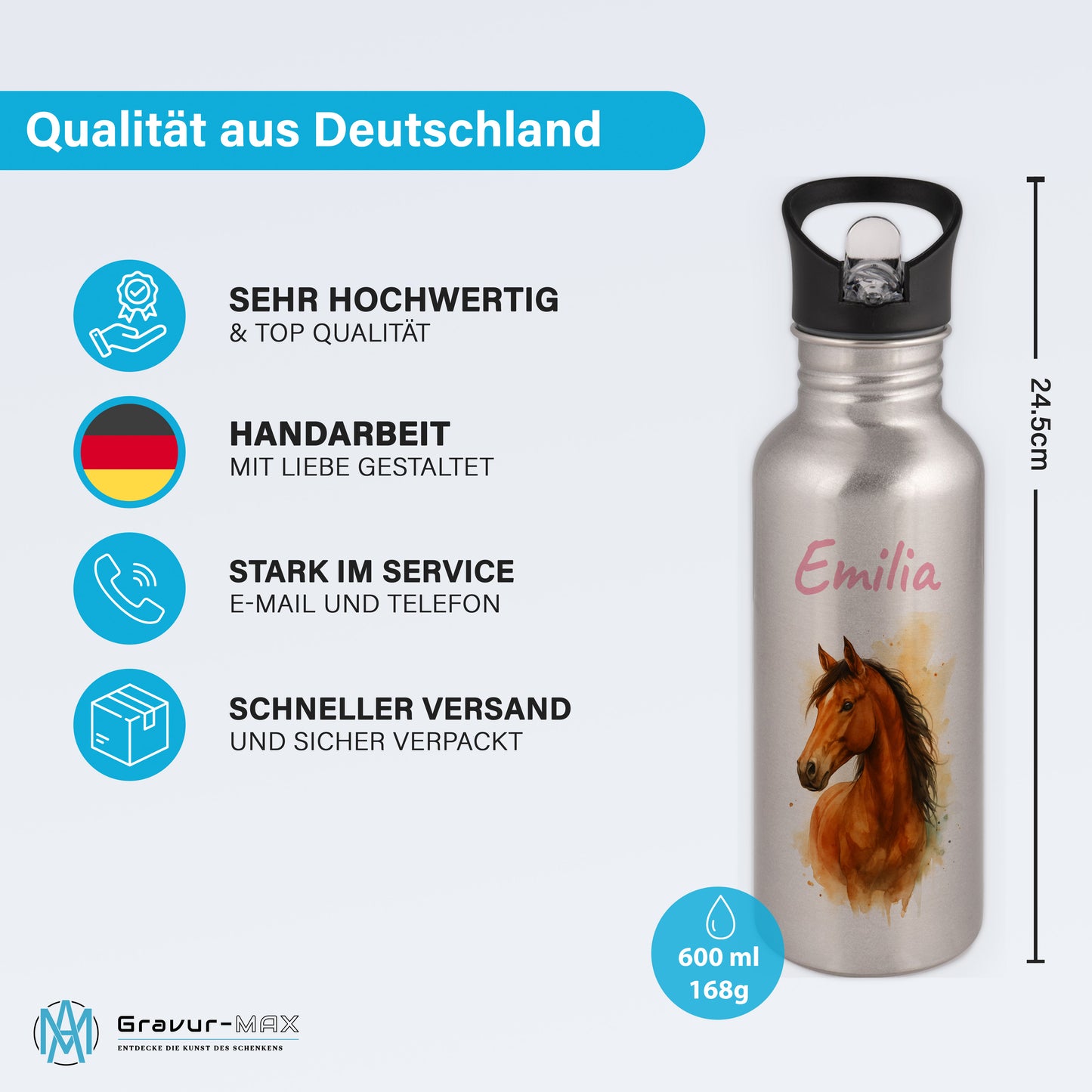 Trinkflasche mit Strohhalm in Silber 600ml bedruckt mit tollen Motiven für Kinder "Pferd" personalisierbar für Kinder mit Wunschname aus Edelstahl