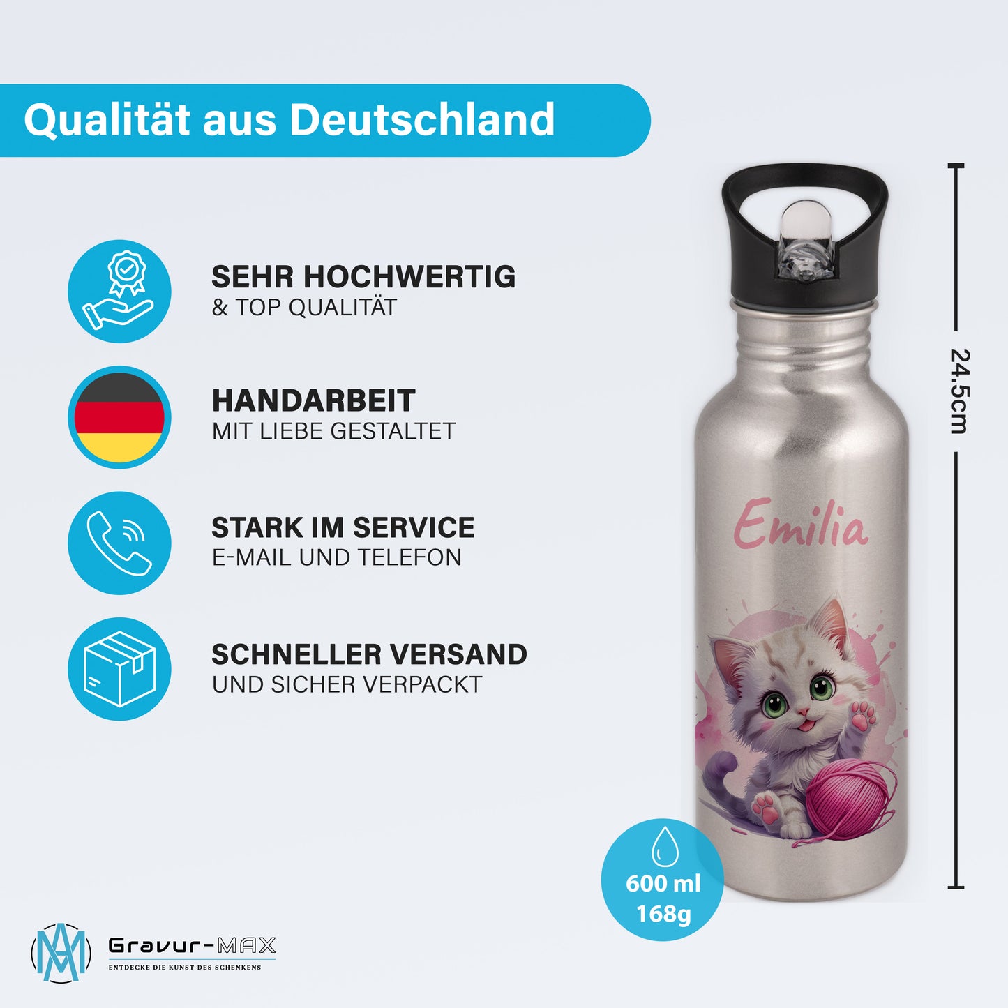 Trinkflasche mit Strohhalm in Silber 600ml bedruckt mit niedlichen Tieren"Katze" personalisierbar für Kinder mit Wunschname aus Edelstahl