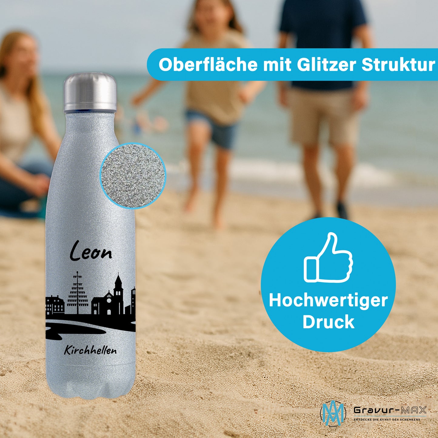 Glitzer Trinkflasche in Silber 500ml aus Edelstahl bedruckt mit der Skyline von Kirchhellen personalisierbar mit Wunschname
