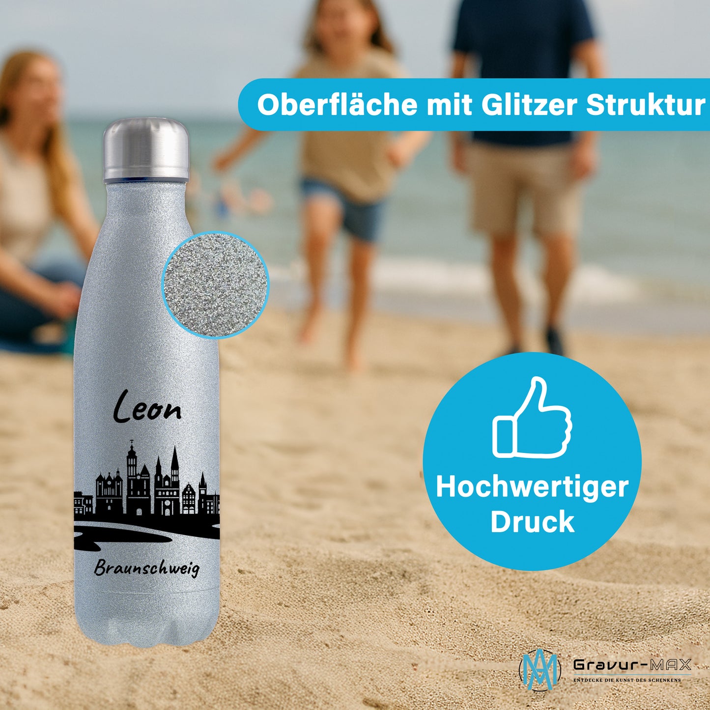 Glitzer Trinkflasche in Silber 500ml aus Edelstahl bedruckt mit der Skyline von Braunschweig personalisierbar mit Wunschname