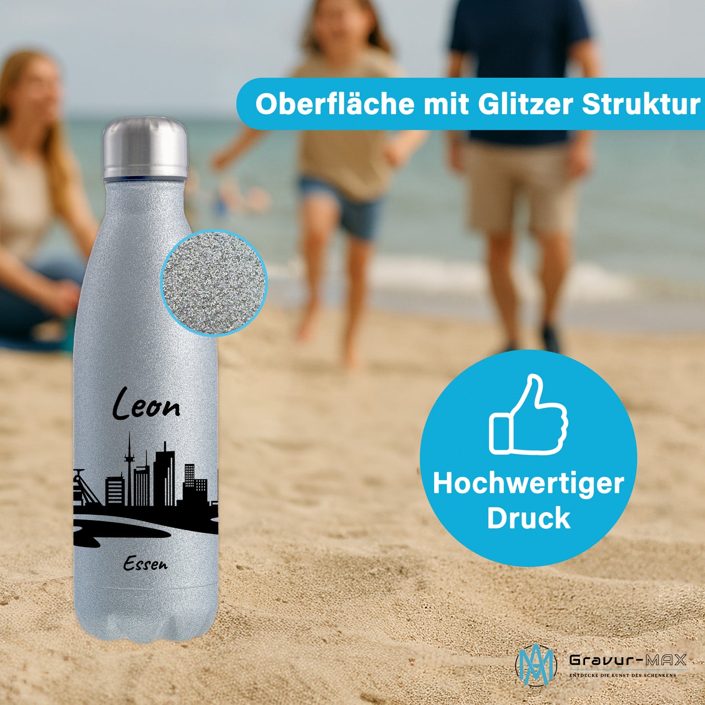 Glitzer Trinkflasche in Silber 500ml aus Edelstahl bedruckt mit der Skyline von Essen personalisierbar mit Wunschname