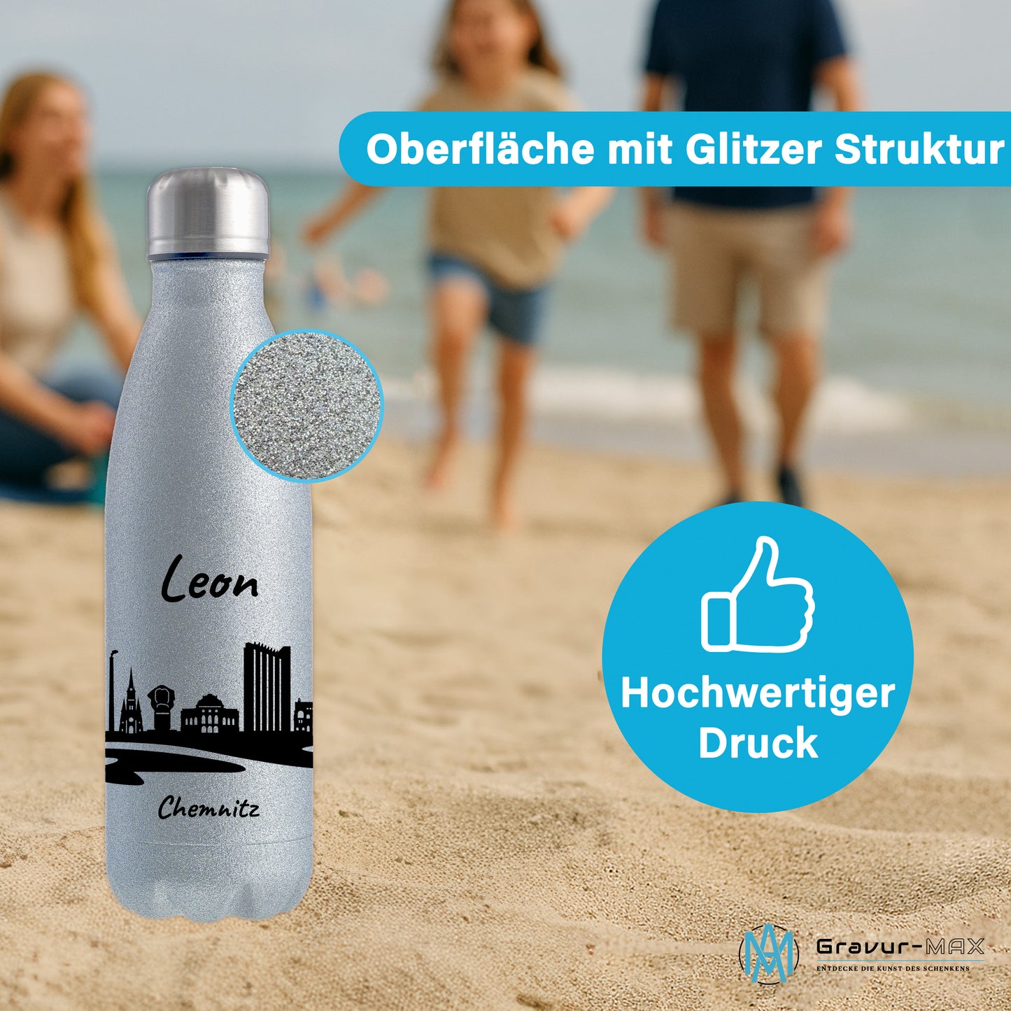 Glitzer Trinkflasche in Silber 500ml aus Edelstahl bedruckt mit der Skyline von Chemnitz personalisierbar mit Wunschname