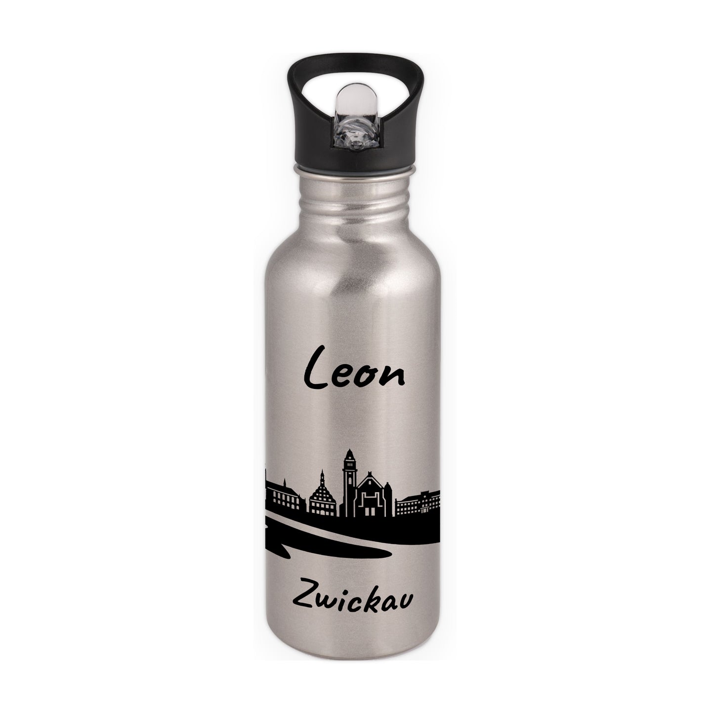 Trinkflasche in Silber 600ml aus Edelstahl bedruckt mit der Skyline von Zwickau personalisierbar mit Wunschname