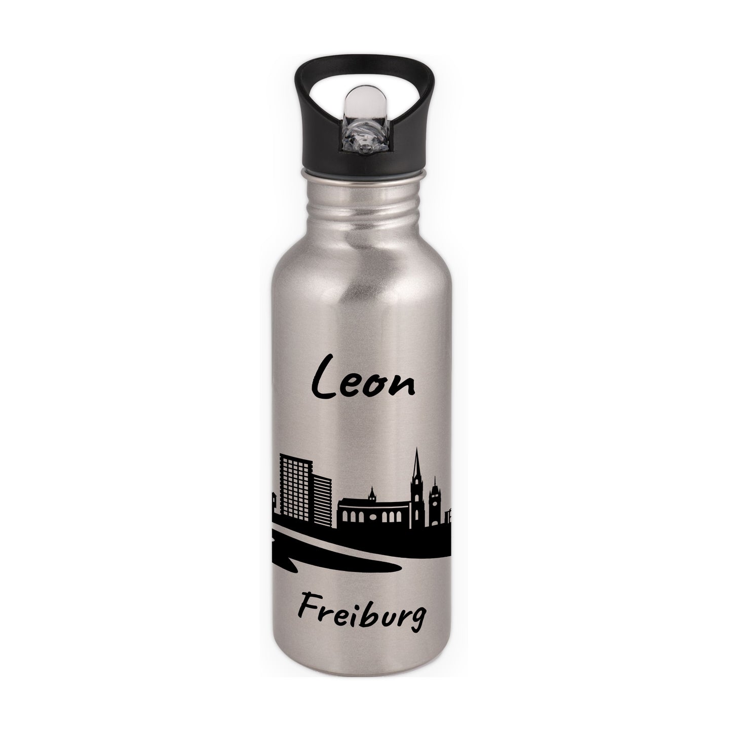 Trinkflasche in Silber 600ml aus Edelstahl bedruckt mit der Skyline von Freiburg personalisierbar mit Wunschname
