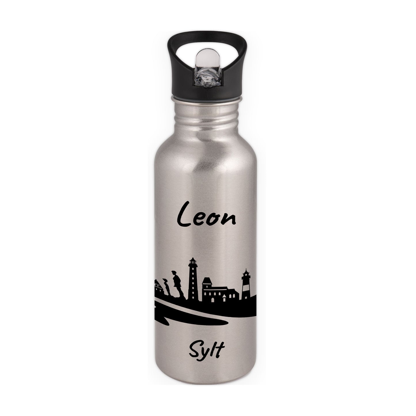 Trinkflasche in Silber 600ml aus Edelstahl bedruckt mit der Skyline von Sylt personalisierbar mit Wunschname