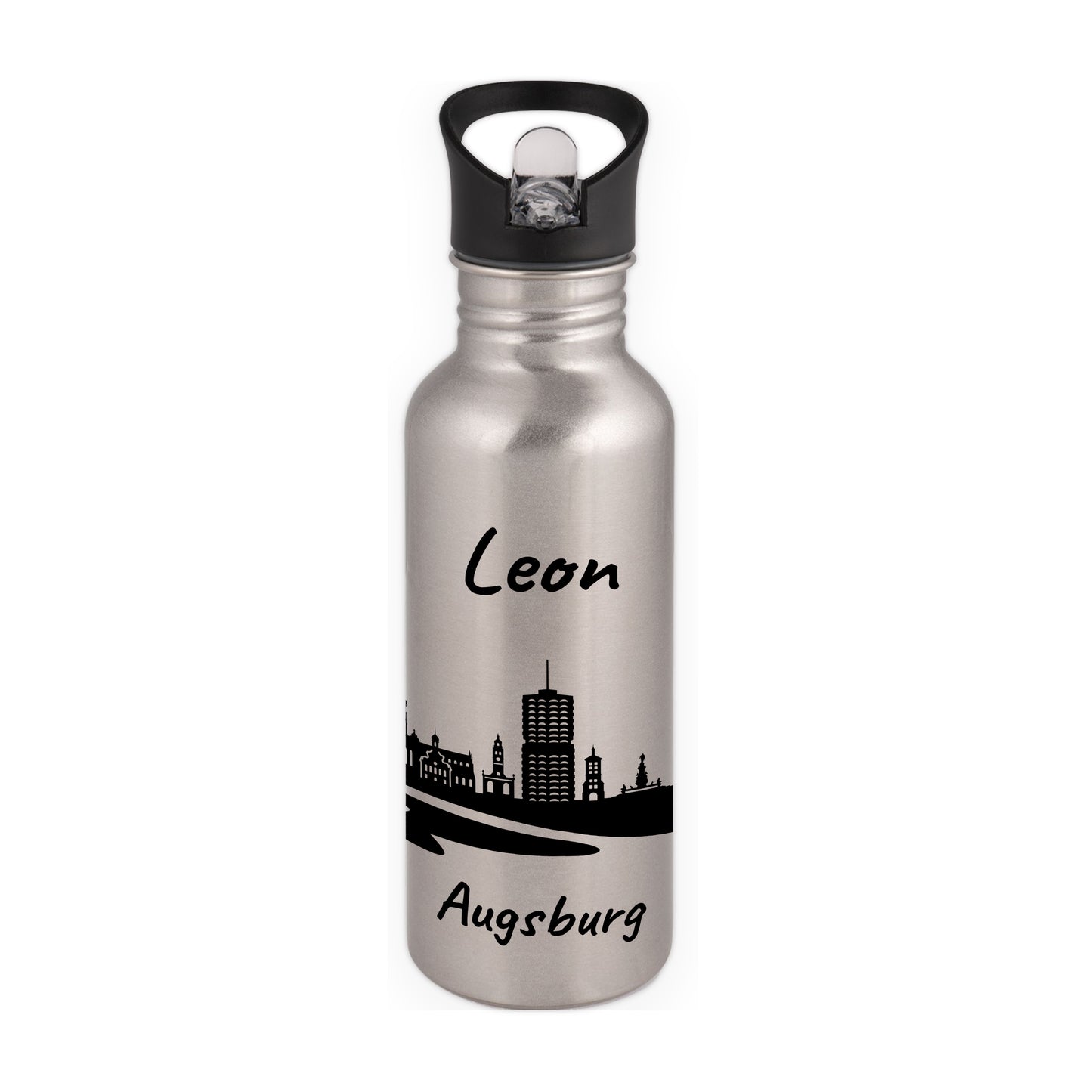 Trinkflasche in Silber 600ml aus Edelstahl bedruckt mit der Skyline von Augsburg personalisierbar mit Wunschname