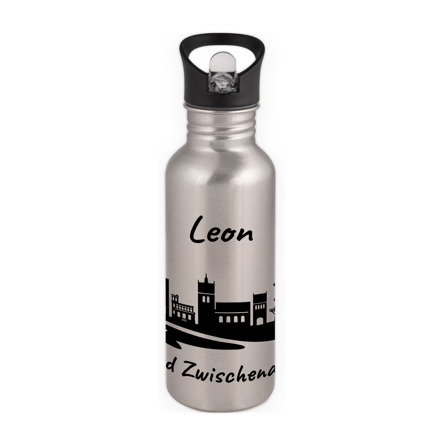 Trinkflasche in Silber 600ml aus Edelstahl bedruckt mit der Skyline von Bad Zwischenahn personalisierbar mit Wunschname