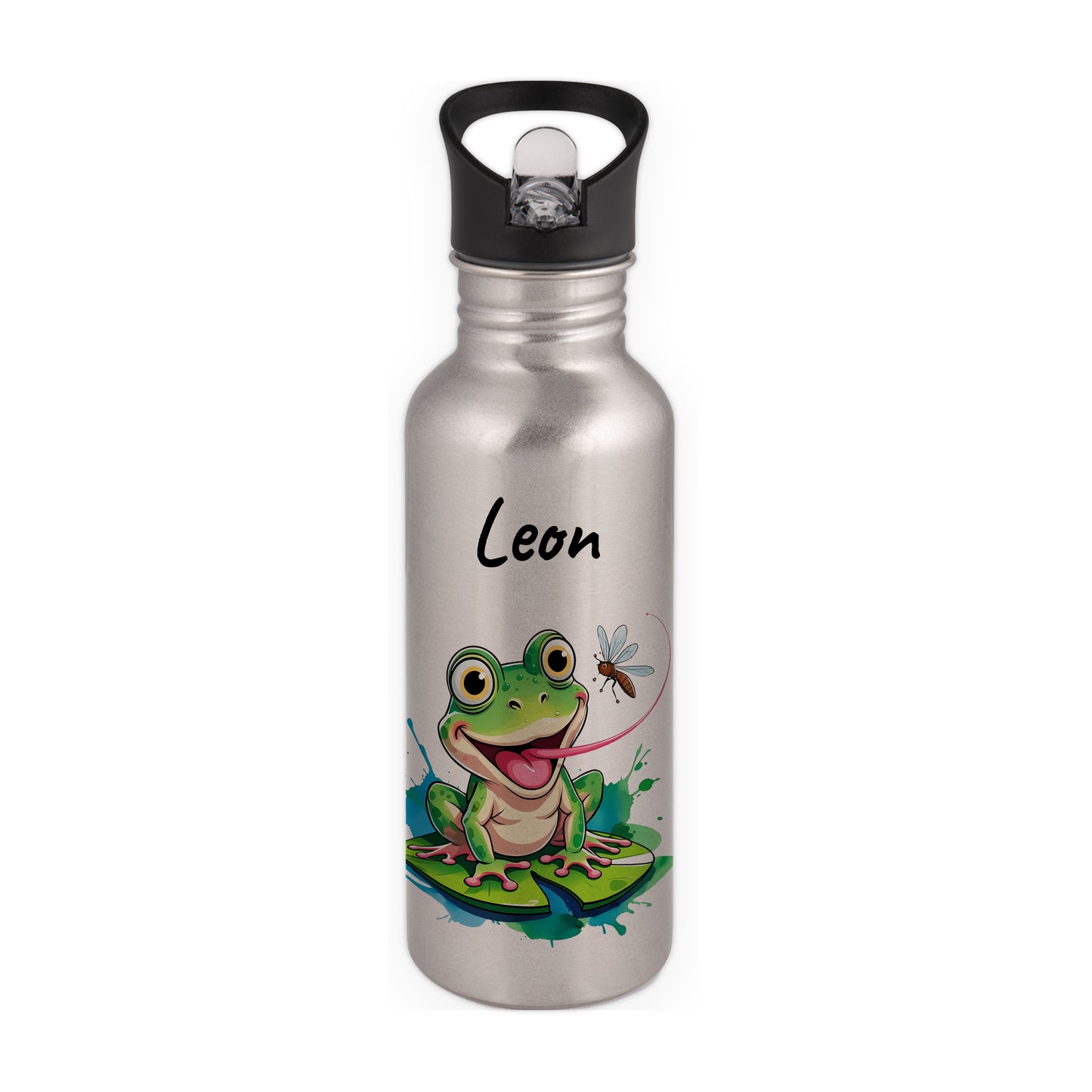 Trinkflasche mit Strohhalm in Silber 600ml bedruckt mit niedlichen Tieren"Frosch" personalisierbar für Kinder mit Wunschname aus Edelstahl