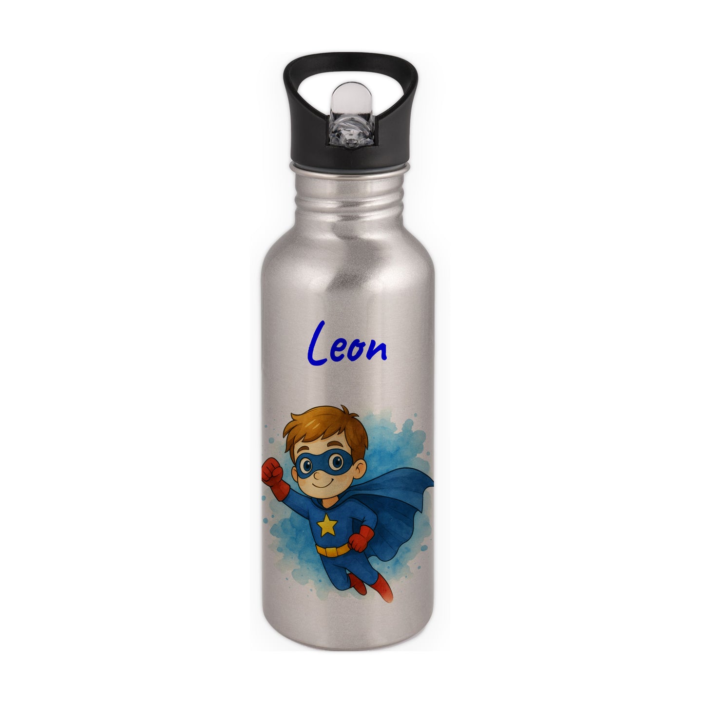 Trinkflasche mit Strohhalm in Silber 600ml bedruckt mit tollen Motiven für Kinder "Superheld" personalisierbar für Kinder mit Wunschname aus Edelstahl