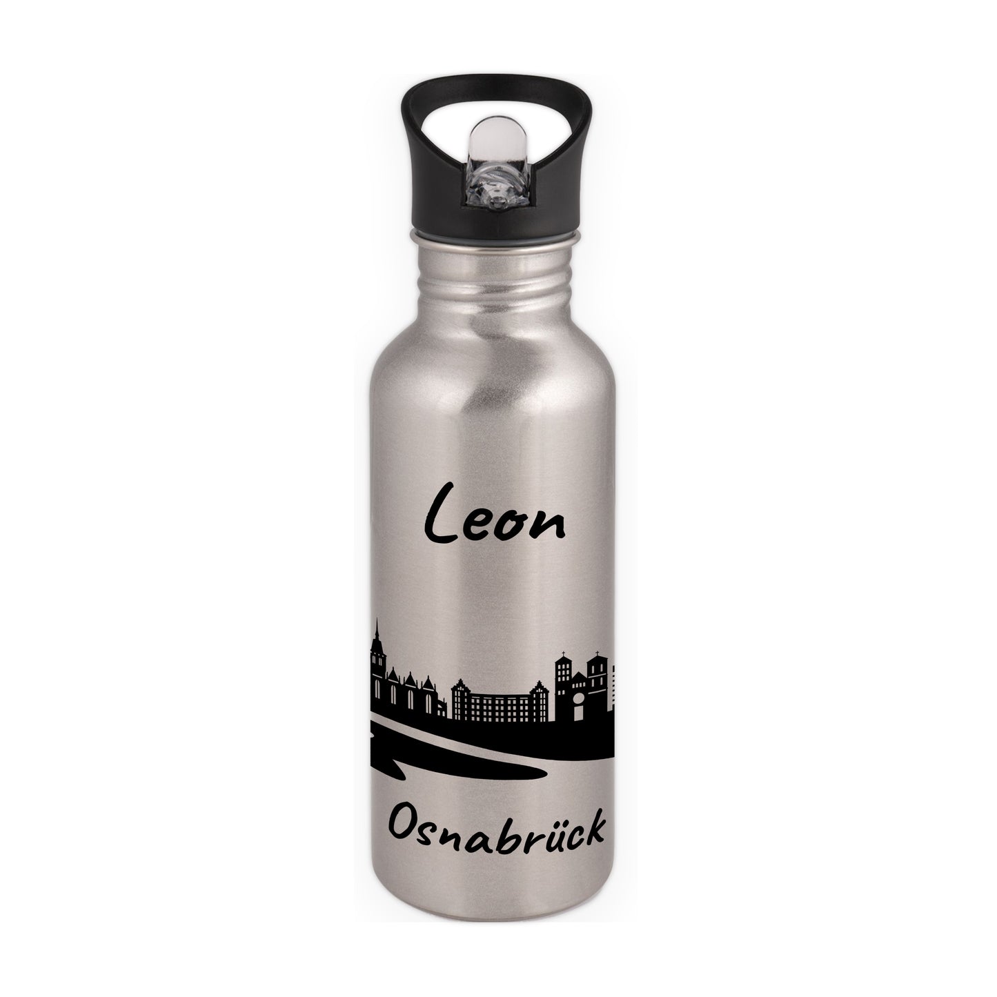 Trinkflasche in Silber 600ml aus Edelstahl bedruckt mit der Skyline von Osnabrück personalisierbar mit Wunschname