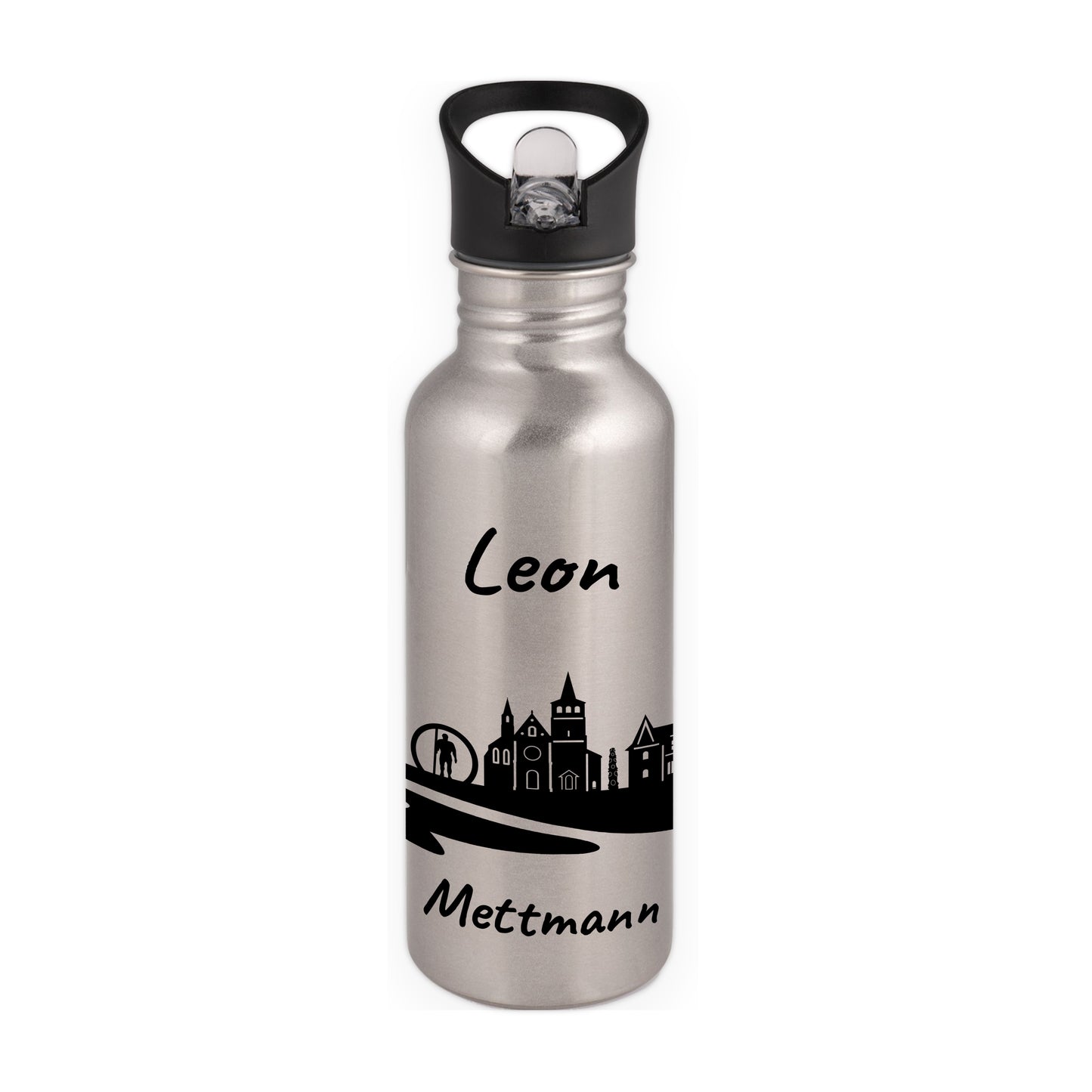 Trinkflasche in Silber 600ml aus Edelstahl bedruckt mit der Skyline von Mettmann personalisierbar mit Wunschname