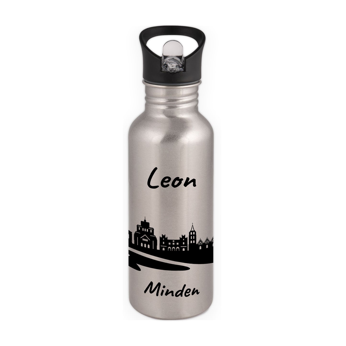 Trinkflasche in Silber 600ml aus Edelstahl bedruckt mit der Skyline von Minden personalisierbar mit Wunschname