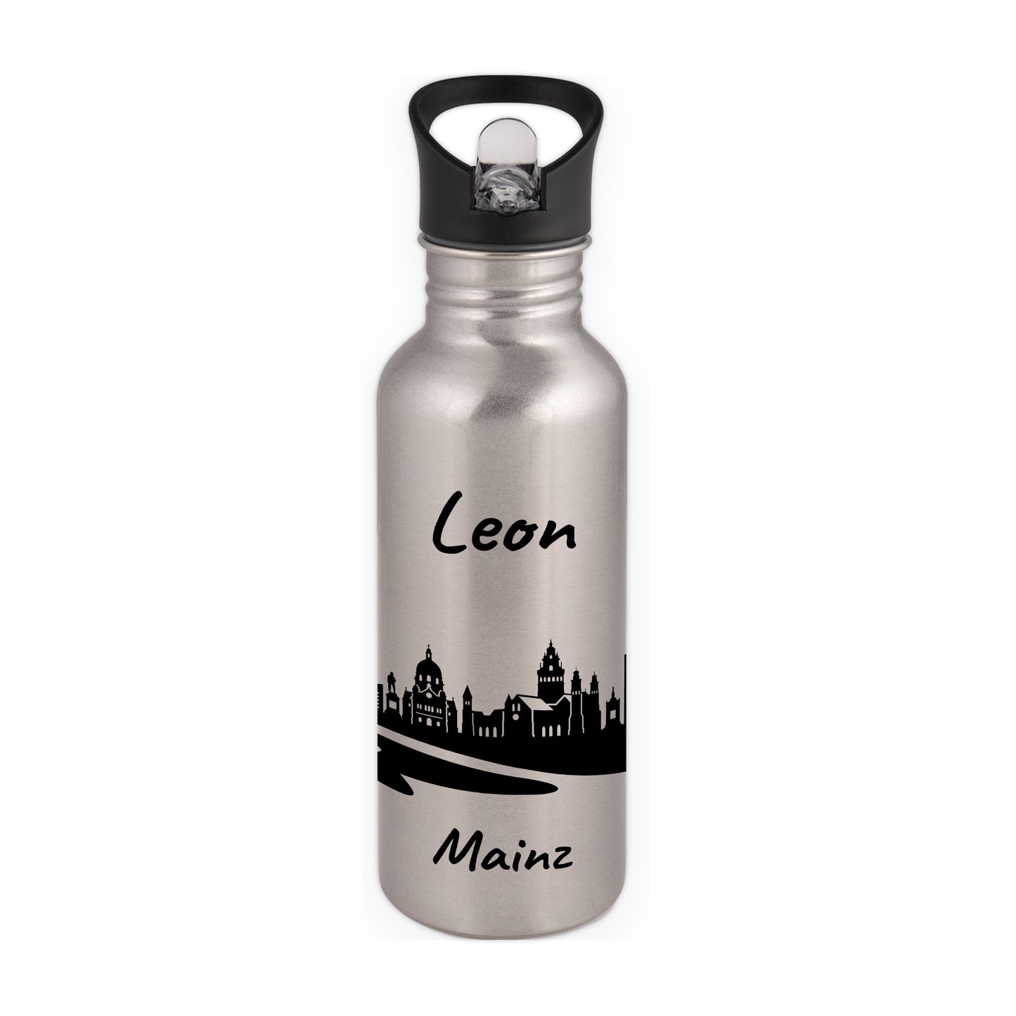 Trinkflasche in Silber 600ml aus Edelstahl bedruckt mit der Skyline von Mainz personalisierbar mit Wunschname
