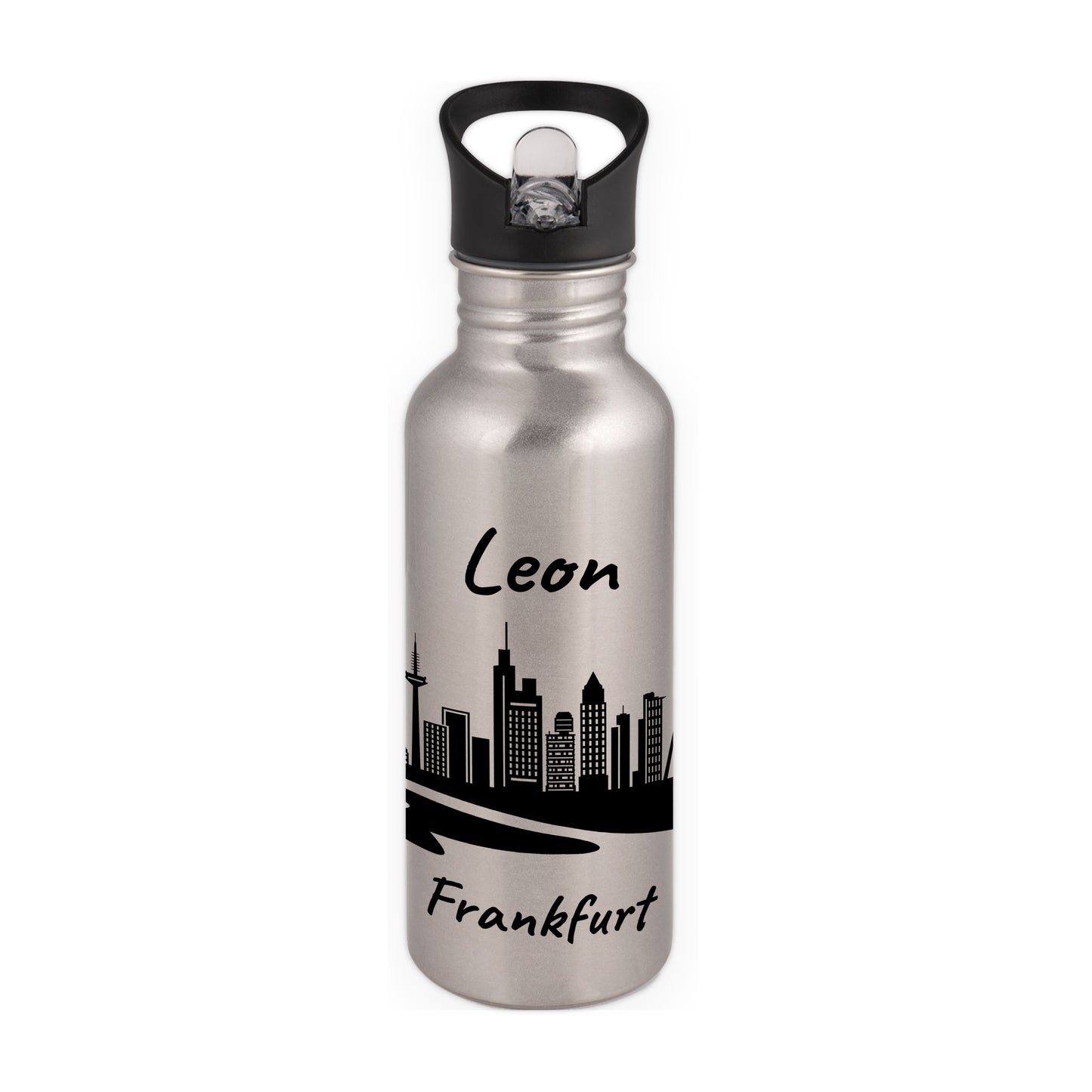 Trinkflasche in Silber 600ml aus Edelstahl bedruckt mit der Skyline von Frankfurt personalisierbar mit Wunschname