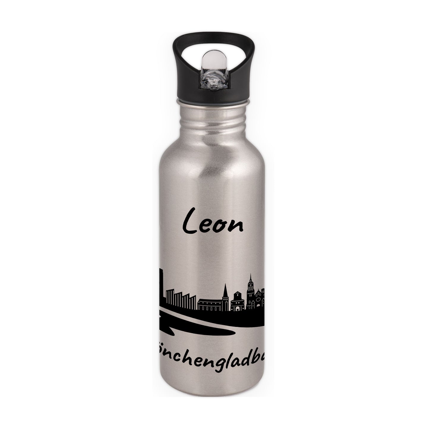 Trinkflasche in Silber 600ml aus Edelstahl bedruckt mit der Skyline von Mönchengladbach personalisierbar mit Wunschname