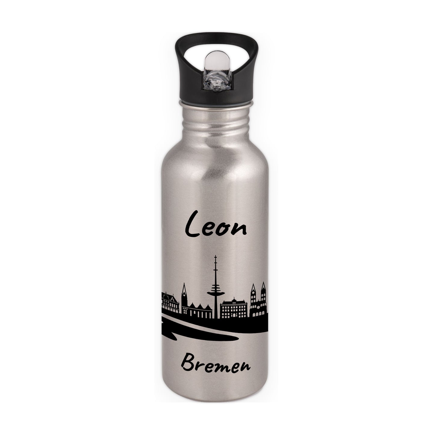 Trinkflasche in Silber 600ml aus Edelstahl bedruckt mit der Skyline von Bremen personalisierbar mit Wunschname