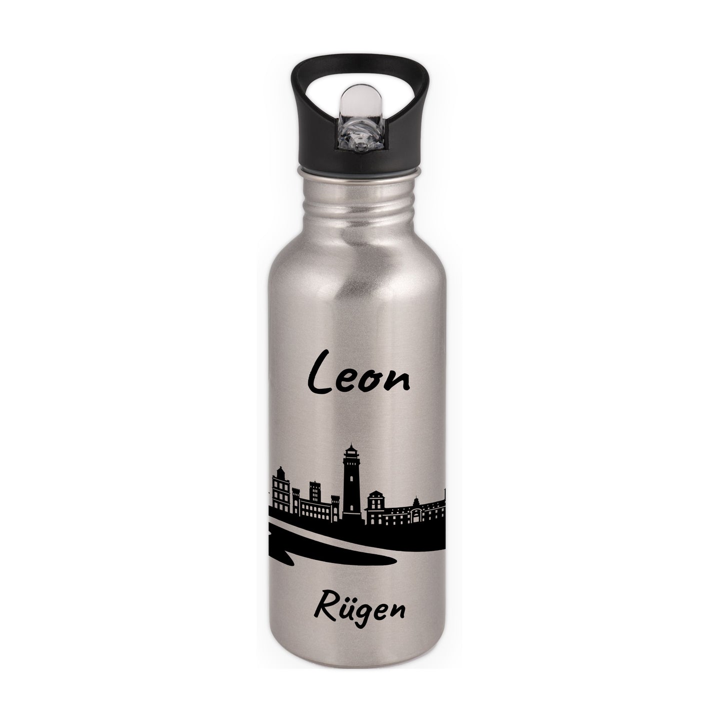 Trinkflasche in Silber 600ml aus Edelstahl bedruckt mit der Skyline von Rügen personalisierbar mit Wunschname