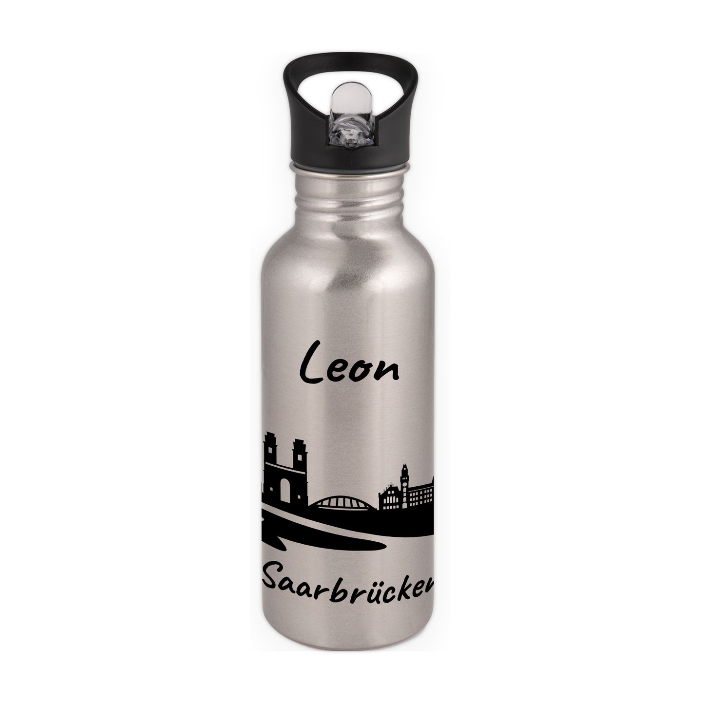 Trinkflasche in Silber 600ml aus Edelstahl bedruckt mit der Skyline von Saarbrücken personalisierbar mit Wunschname