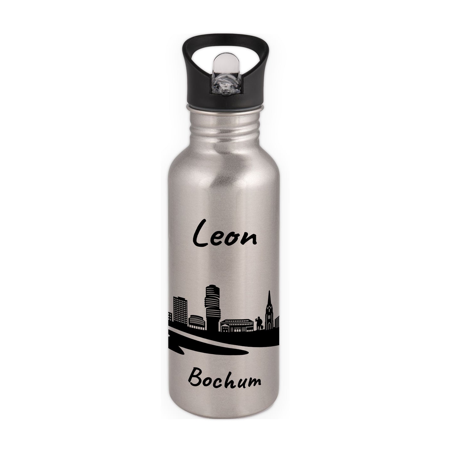 Trinkflasche in Silber 600ml aus Edelstahl bedruckt mit der Skyline von Bochum personalisierbar mit Wunschname