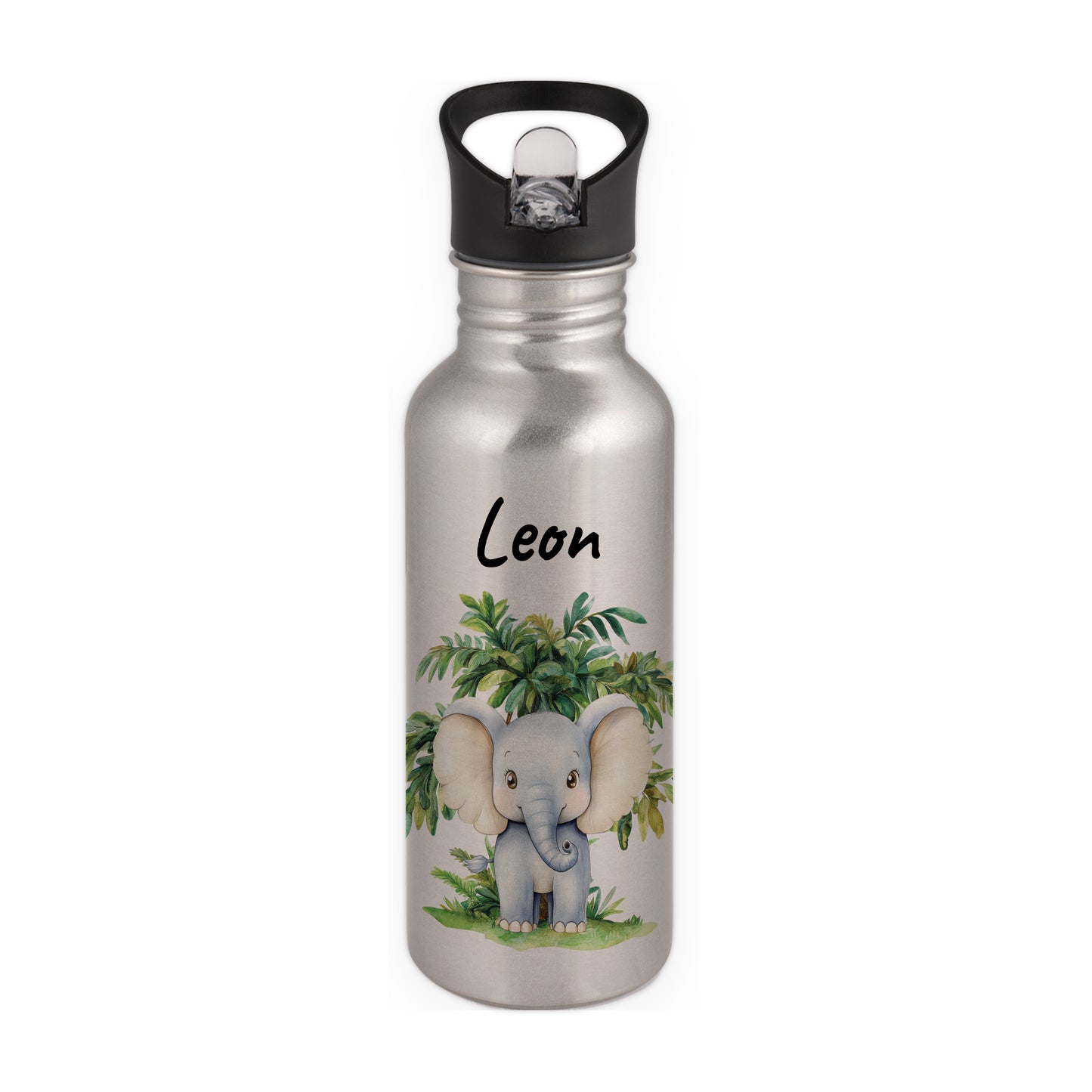 Trinkflasche mit Strohhalm in Silber 600ml bedruckt mit Dschungel Tieren"Elefant" personalisierbar für Kinder mit Wunschname aus Edelstahl