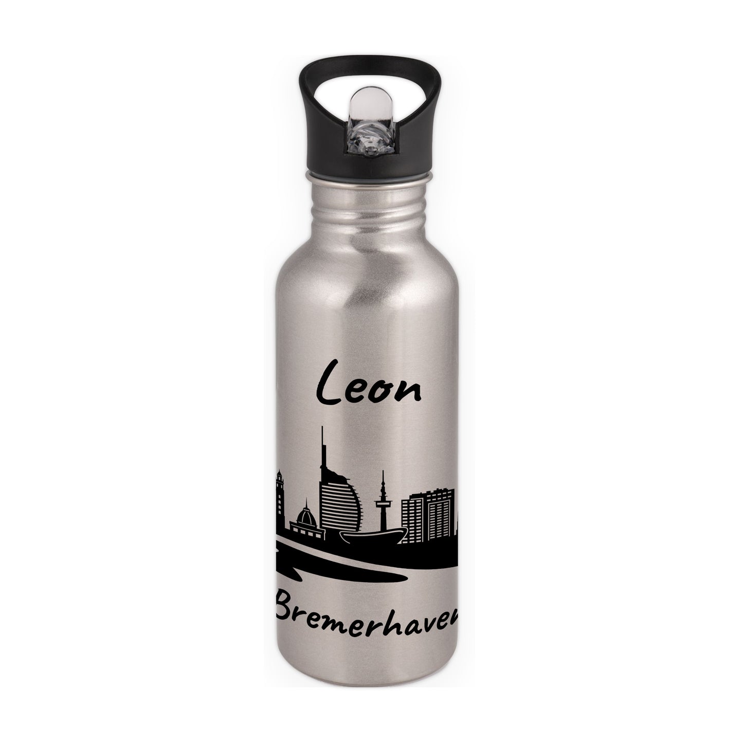 Trinkflasche in Silber 600ml aus Edelstahl bedruckt mit der Skyline von Bremerhaven personalisierbar mit Wunschname