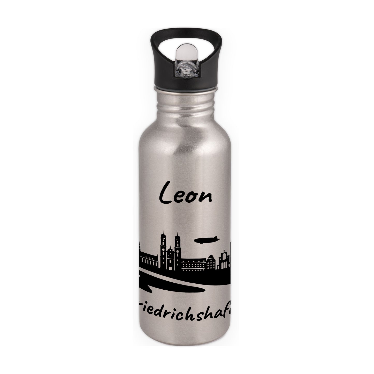 Trinkflasche in Silber 600ml aus Edelstahl bedruckt mit der Skyline von Friedrichshafen personalisierbar mit Wunschname